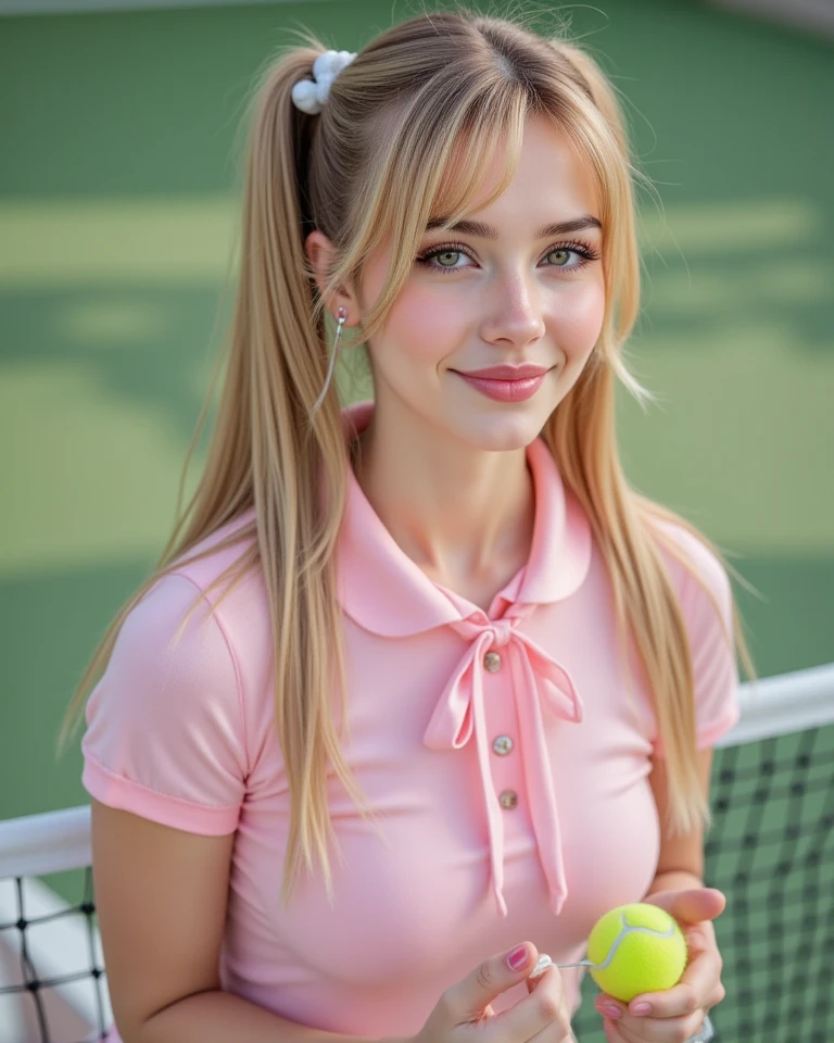 Polaroid, old camera, grainy, teen Girl alone, hot sweet innocent young European (((12 year old girl:1.4))), ((long blonde hair:1.2)), (wearin a pink ribbon on hair), blue eyes, having a fun  time in a tennis court, brookemonk, showing off their curves and smiling, , beautiful girl, innocent, botomless, happy, (white pleated mini micro skirt), dynamic pose,