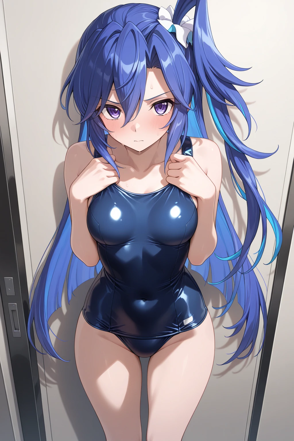 top quality, 8K, muste piece: 1.3, Ultra HD, high quality, best quality, High freshness, Realism))，(perfect hands, perfect anatomy)symphogear body suit:1.4，blue hair，blush，(((girl having sex)))，(((Cumshot)))Climax，crying face