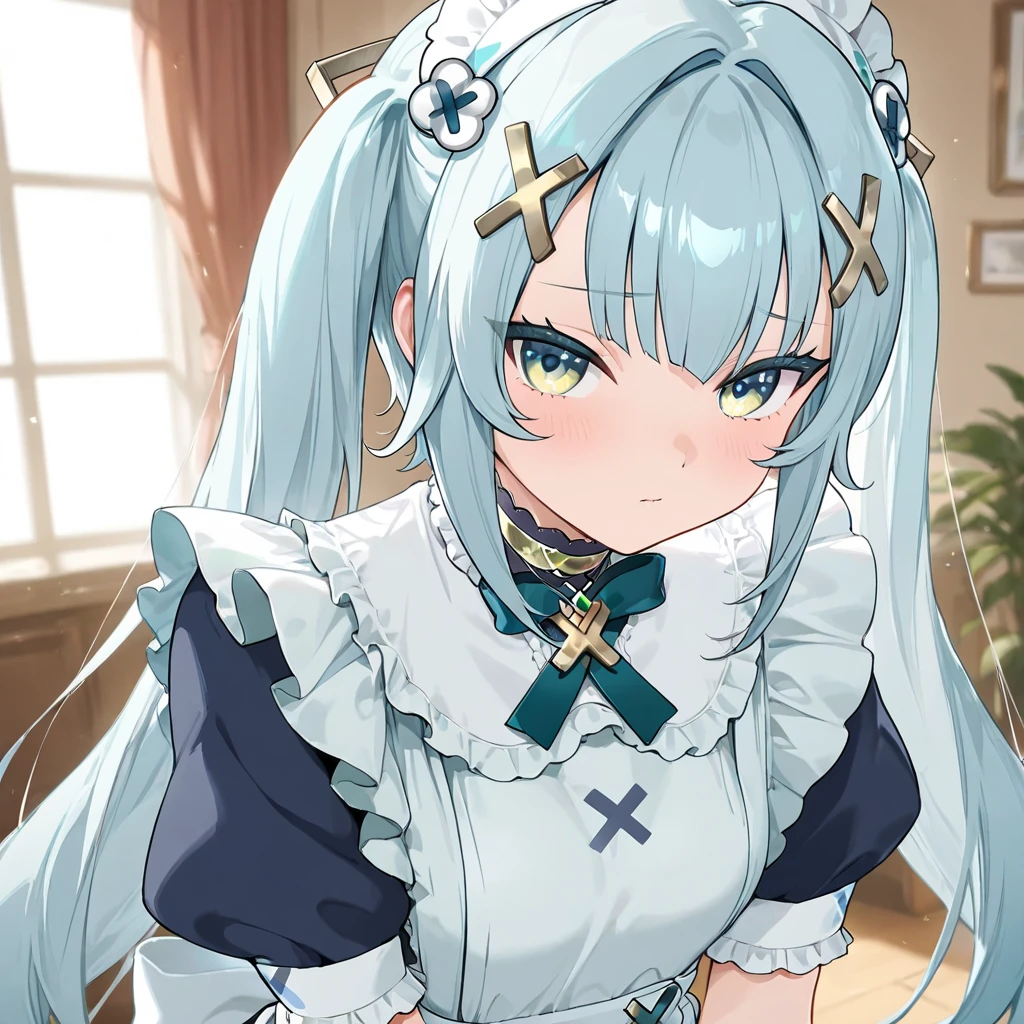 masterpiece, best quality, highres, 1girl euphyllia hair bow yellow bow hair ornament, blue dress white jacket  white capelet white shirt blue bowtie frills standing, Master piece, (best quality), perfect eyes, bound, , (arms behind back:1.4), , , tape, tape , close-up, restrained, standing ,best ,