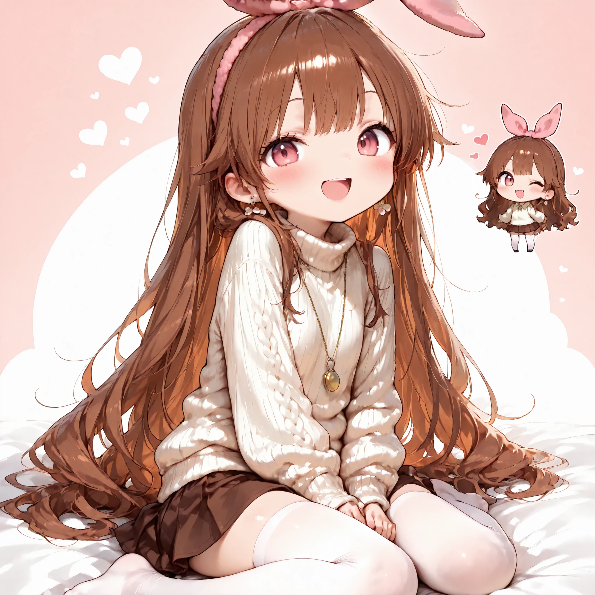 (solo:1.3).Shiny skin, Babe, character, meroko.
masterpiece, best quality, a cute anime girl.
# body
sd character, super deformed, chibi, very flat chest, skinny figure, slim waist.
# hair
chestnut brown wavy long hair reaching shoulder blades, hair down, natural loose waves.
# eyes
pink eyes.
cheerful expression, joyful smile, open mouth smile, playful wink.
# outfit
ivory short down jacket, white ribbed knit sweater, brown flared mini skirt, dusty pink muffler, white knit tights, pink bunny ear headband, single white flower and red ribbon on right side, round pendant necklace, long drop earrings.
# pose
wariza sitting, relaxed posture, shoulders relaxed, head slightly tilted.
# background
soft worm bedroom, gentle daylight, calm atmosphere.
# composition
fine line art, delicate line drawing, thin outlines, clean outlines, minimal noise.