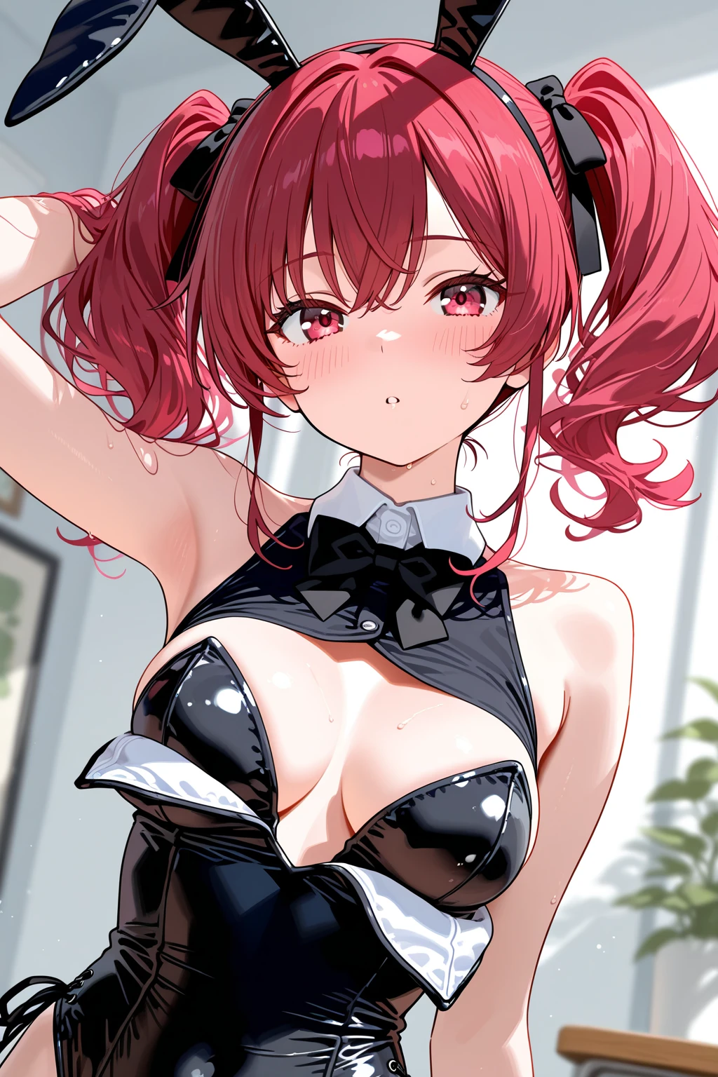 One Girl,, Crotch cutout, No crotch, , ,alone ,, Large Breasts, blush, Black leotard,  arms, Wrist cuff, bow tie, Strapless, Cleavage,