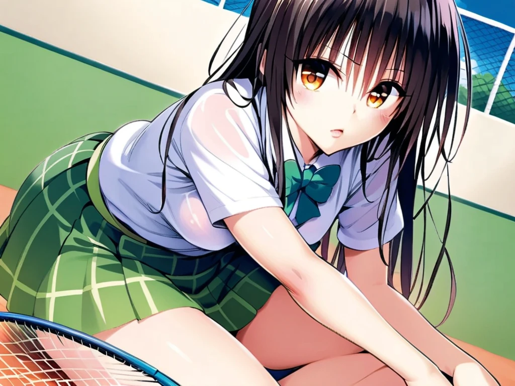 1 female、woman with very long black hair、Busty women、Spectacular views、Night Scene、The view from the top of the hill、Full moon night sky、swirling starry sky、８K、Best Quality、The woman&#39;s whole body is in the photo、The woman is wearing a miniskirt and her crotch is visible.、Standing motionless in golf wear, staring at the ball、The thong is transparent、、With a golf club、Sitting squatting