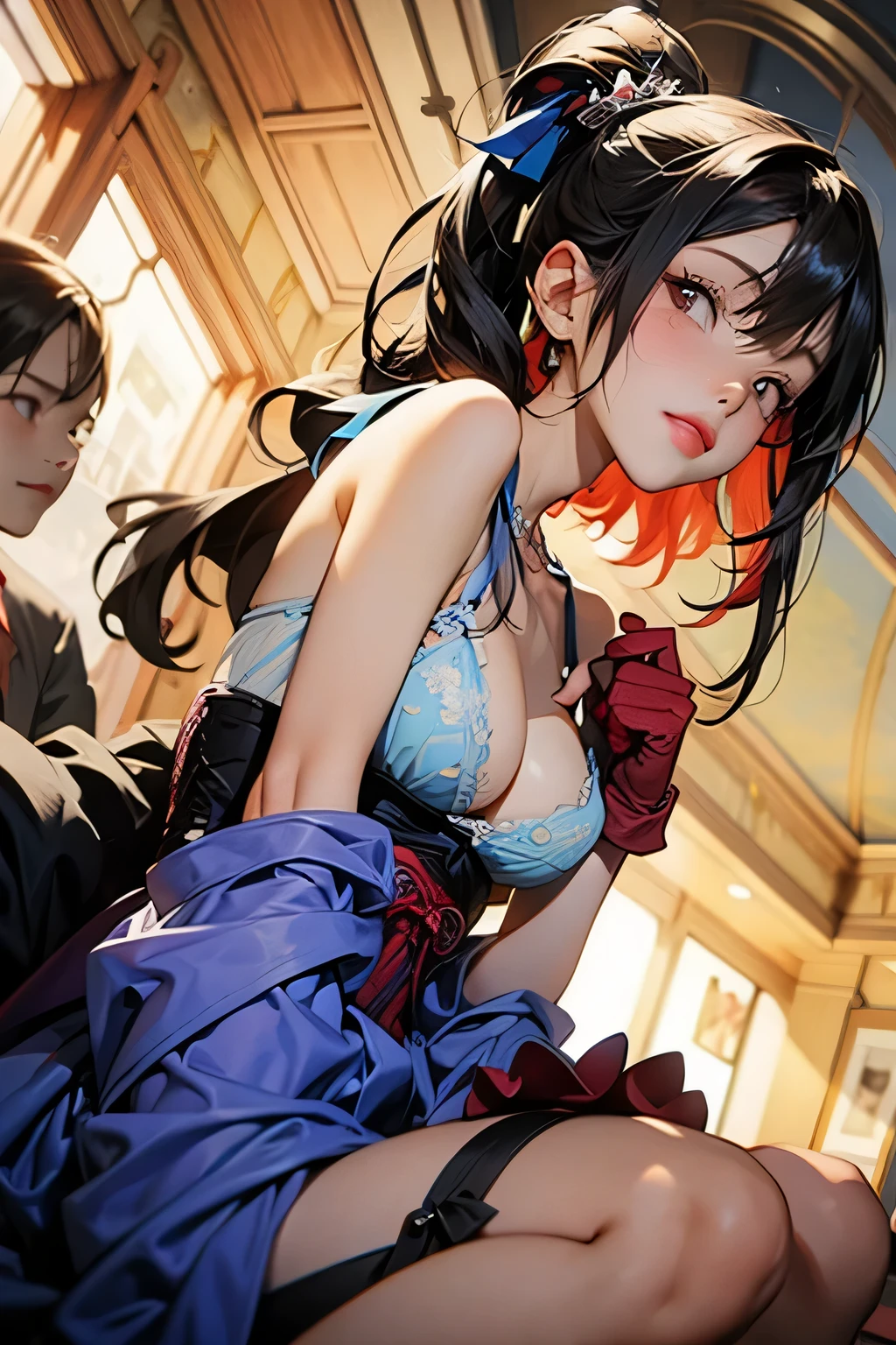 Momo Girls ,Soradigi、nsfw, Realistic,clear focus、Hyper Details、
(professional, Official Art,close-up)、watercolor fusion, Acrylic and Collage, concept installation art wearing an open, brightly colored Japanese kimono, Doll Country Characters 、Titania, with silky straight hair that shines pure white in rainbow colors、black ribbon, Interested in sex , , gothic bra、corset、panties、Wearing a Garter, black fishnet stockings and opera gloves, Mr.々Effects , Nihei Tsutomu style pattern , professionalで完璧な構図, Very Delicate Depiction, Extremely Clear Images, Two Beautiful Lesbians, Contrast of Light and Shadow, 2.5d, artistic pictures, hyper realistic,