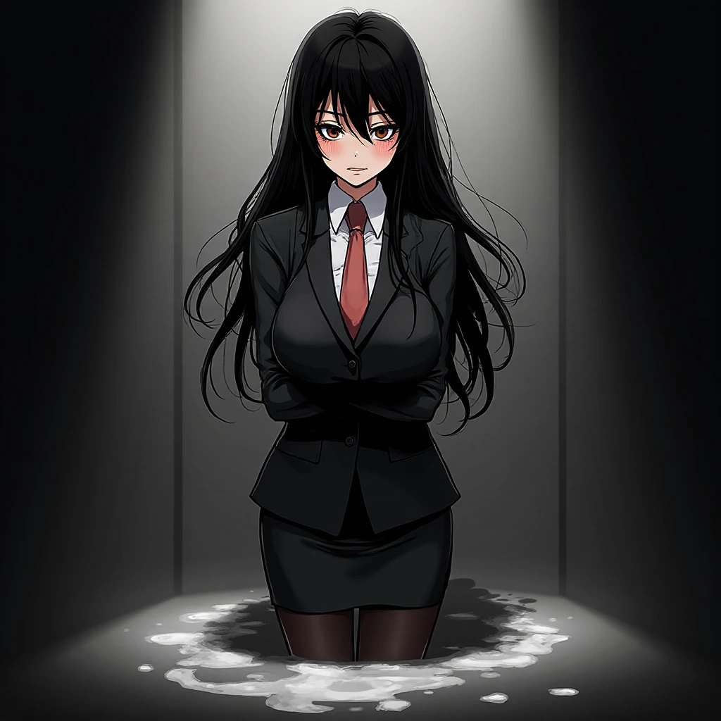 1 girl with long hair and dress，1 girl is taking to lavatory，looks away，are standing，embarressed，Be red in the face，Black hair and red eyes，Keep one's mouth shut，binding，Clothes open， is ，A high resolution，leaked ，Clamp your legs，，Climactic expression，roll eyes，Stick your head out，drools，，Urinal pools，With a collar，Next to the urinal，Larger ，exhilarated，is shy，self-shot