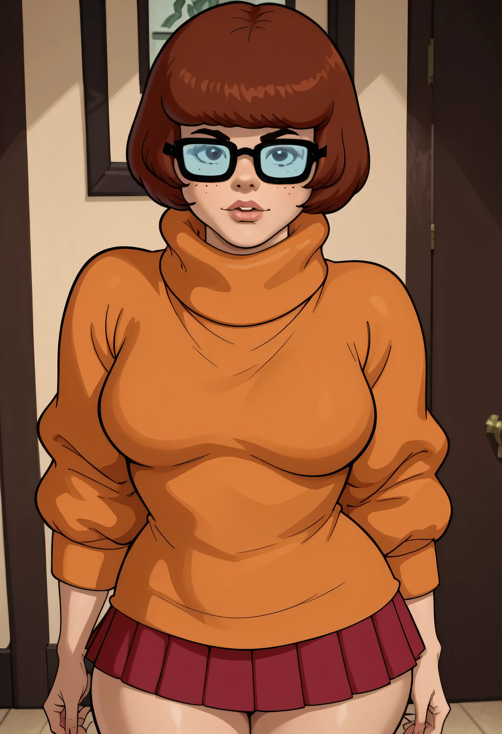 Velma Dinkley, (scooby doo), dark brown hair, short bangs hair, black thin eyebrows, dark brown eyes, glasses, lips without makeup, (), orange sweater, dark red skirt, standing, ((thick thighs)), looking at viewer, pov