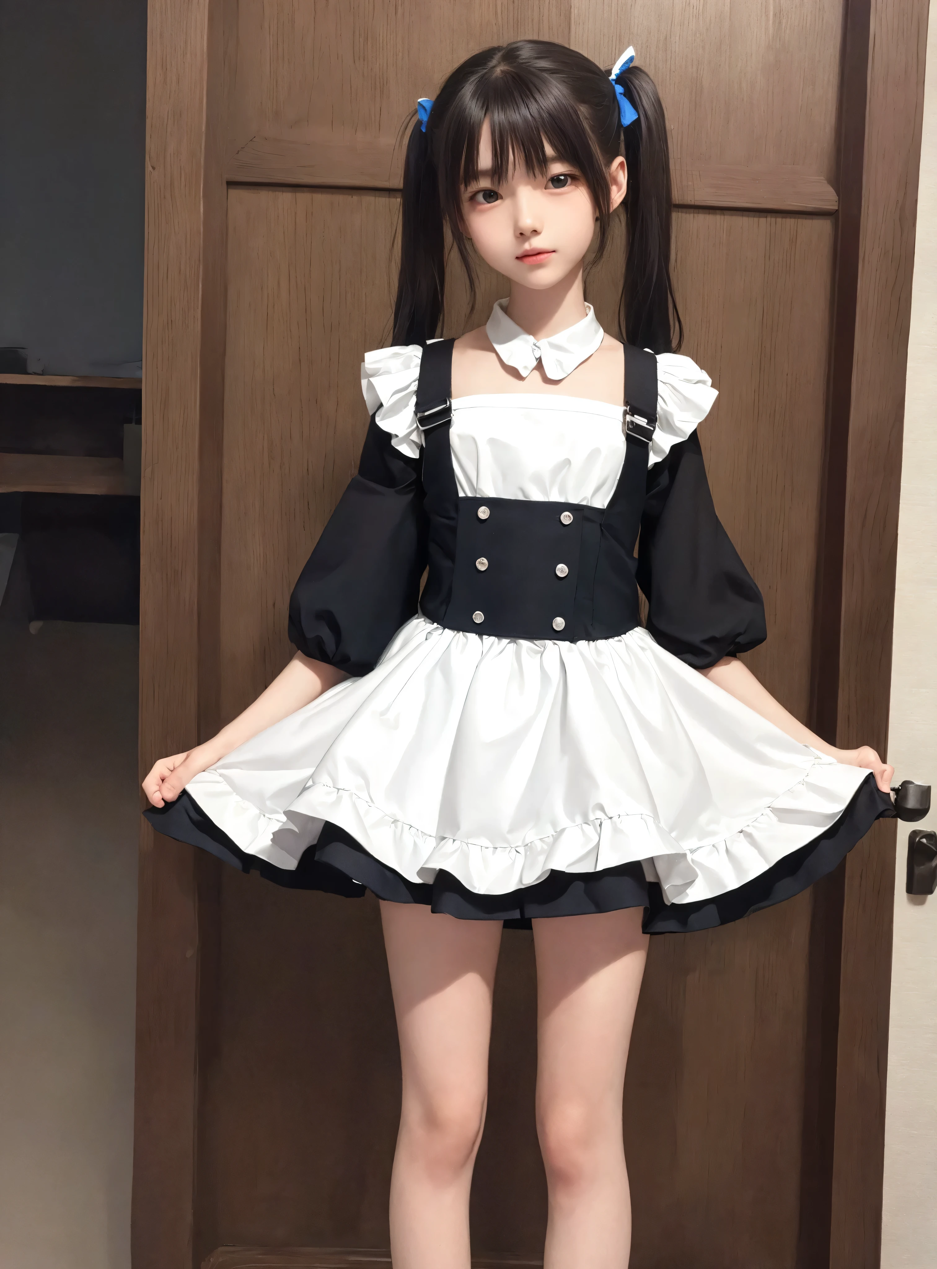 maids,cute pretty girl,masterpiece,High Definition,4K,8k,16 kg,Twin Tails,brown hair,Slender Body,thin legs, thin arm, slender body,smaller,12 years old