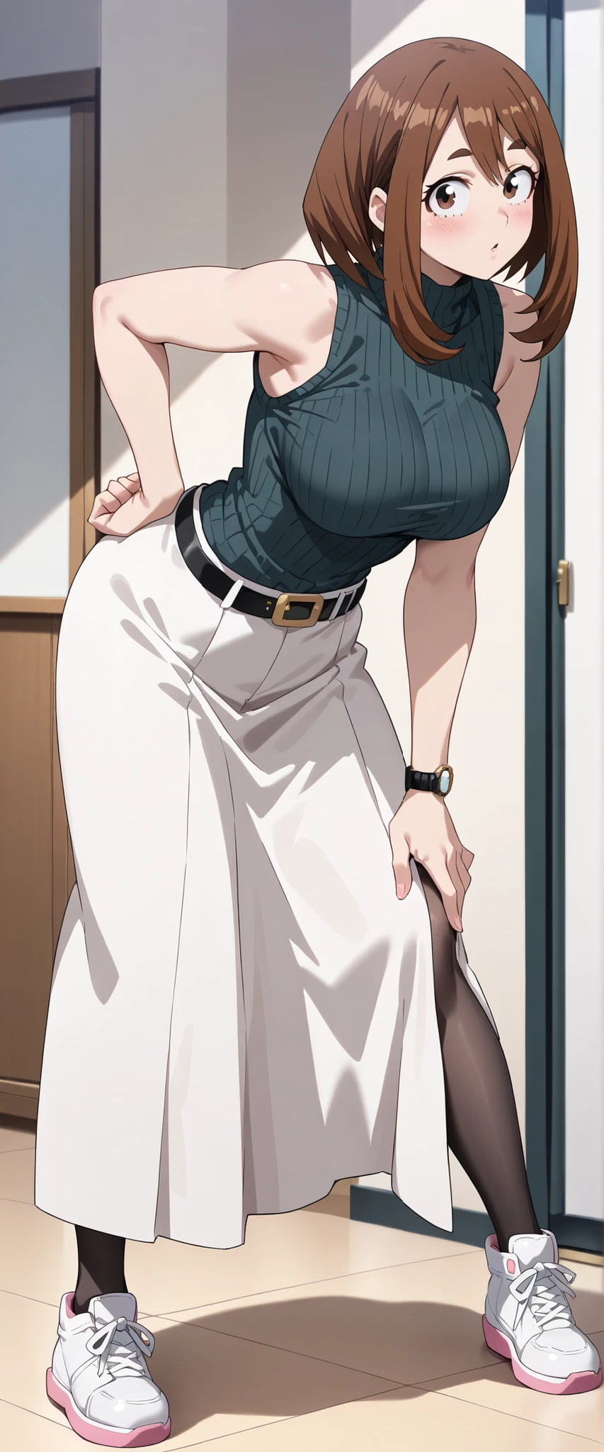 1girl, uraraka, anime coloring, mature female, (aged up:1.5), brown hair, long bangs, hair between eyes, brown eyes, small eyes, thick eyebrows, blush, large breasts,
wristwatch, black ribbed sweater, black turtleneck sweater, sleeveless, black belt, taut skirt, white skirt, (long skirt:1.3),
black pantyhose, white sneakers,
sensitive,
BREAK open stance, bent over, (contrapposto:1.2), (hand on hip:1.2), elbow up, hand on knee, (shoot from side), looking at viewer, full body,
masterpiece, best quality,