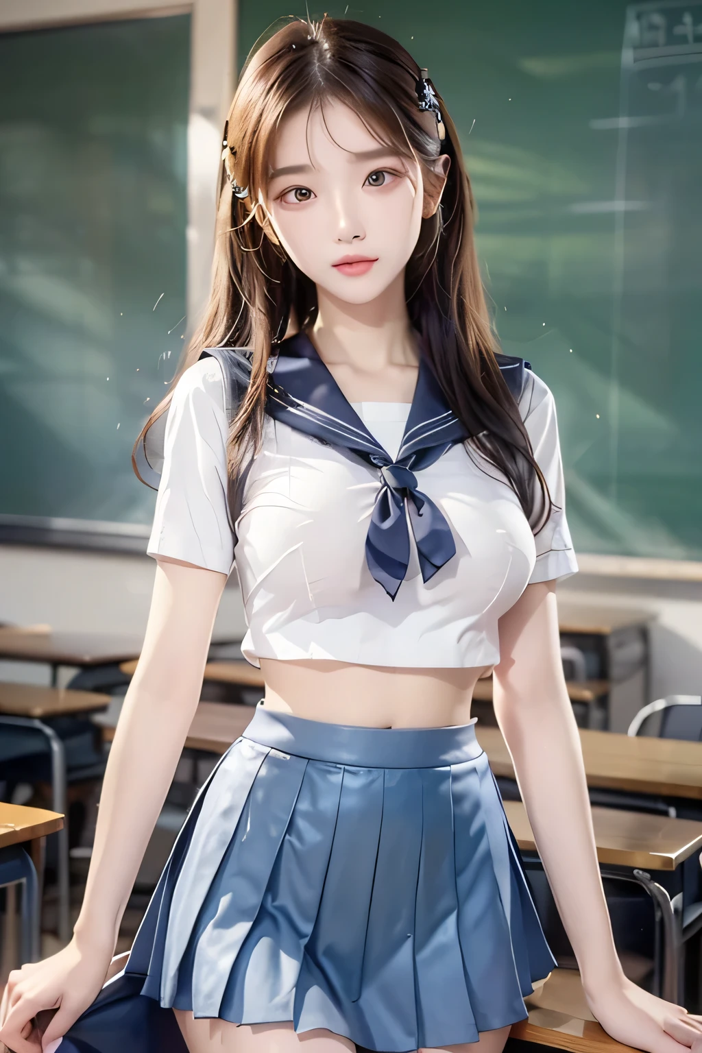 ( Super High Definition), (I'm looking over here), (Sailor Suit:1.1, Flared Skirt:1.1), (Big Breasts:1.2), (Slimness:1.8), ( Read more:1.4), (thin thighs:1.4), (thin hips:1.6), ( beautiful skin, shiny skin, white skin), (Super slim face, Super beautiful face, makeup, Smile :0.8), ( light brown hair, semi-long, layered cut , fluffy hair), ( big eyes:1.4, High corners of the eyes:1.6, double eyelids), (Thin eyebrows:0.1), ( small nose:0.6), ( thin lips:0.6), classroom