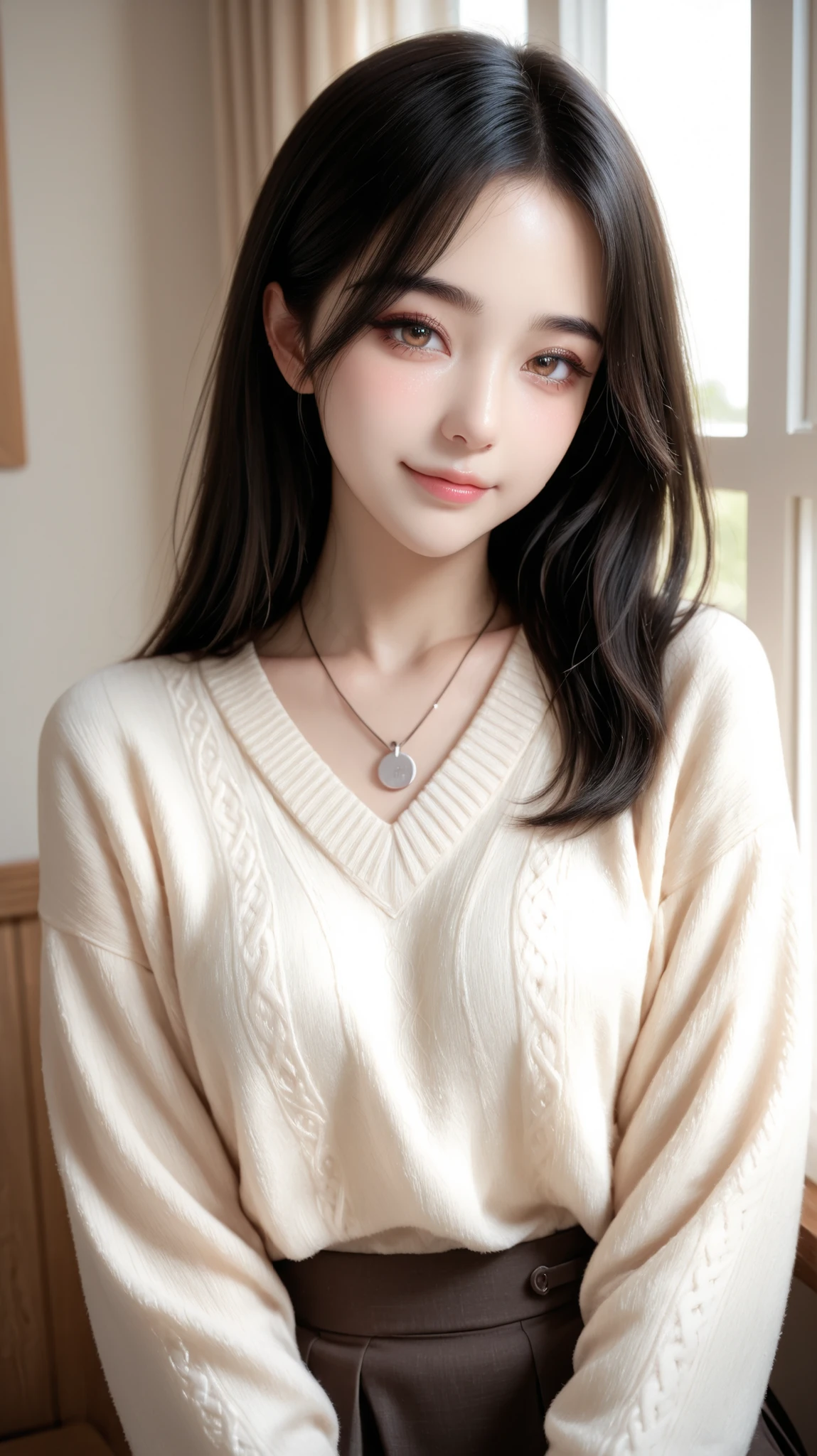Ultra-realistic digital upper body portrait of a young Japanese girl. full body.
She has very long, silky black hair, over her waist.
Her skin is fair with a healthy glow, giving a clear and luminous impression.
Her eyes are large and gentle, featuring natural-style hazel brown contacts that enhance depth without looking artificial.
The eye shape is slightly upturned, with long but soft upward eyelashes.
Her eyebrows are well-groomed in a natural light brown tone.
Makeup is subtle but stylish: a soft brown eyeshadow gradient, thin eyeliner, light blush, and glossy -pink lips.
expression is calm, warm, and serene.
She wears a office casual, sweater and skirt.
Lighting is warm natural morning light from a window, creating soft shadows and a gentle radiance on her skin.
Color palette is soft beige, pastel, and warm tones.
The mood is peaceful, intimate, and quietly elegant.
Background is softly blurred interior with hints of wood texture and light fabrics.
Optional enhancement tags:
– highly detailed skin texture
– cinematic depth of field
– soft rim light on hair
– subtle smile
– gentle glow atmosphere