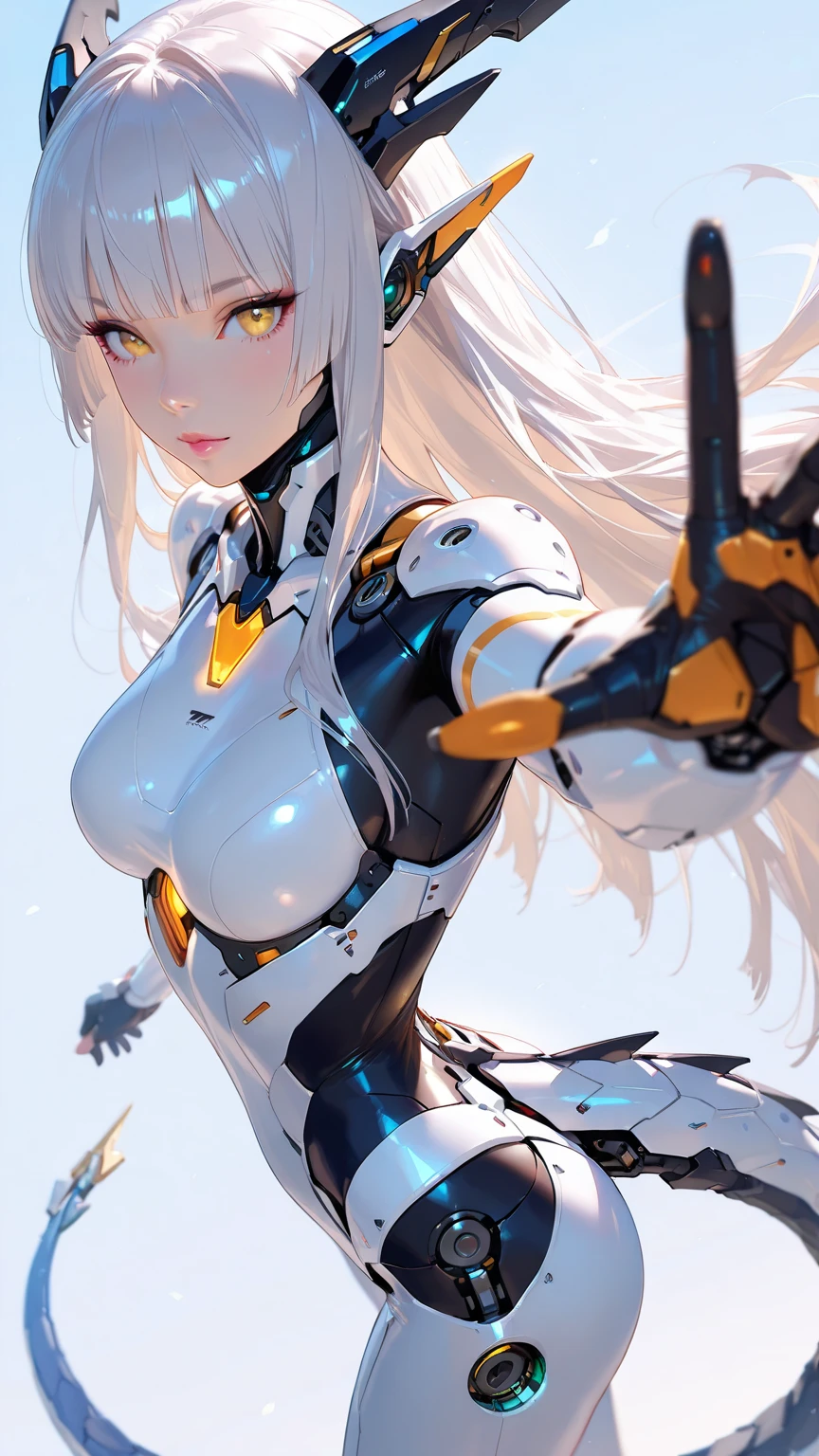 A girl wearing a pure white mecha、A smile、Breasts with cleavage、Mechanical design、hight resolution、Loose silver hair、masuter piece、Background glow,dynamic movements,
