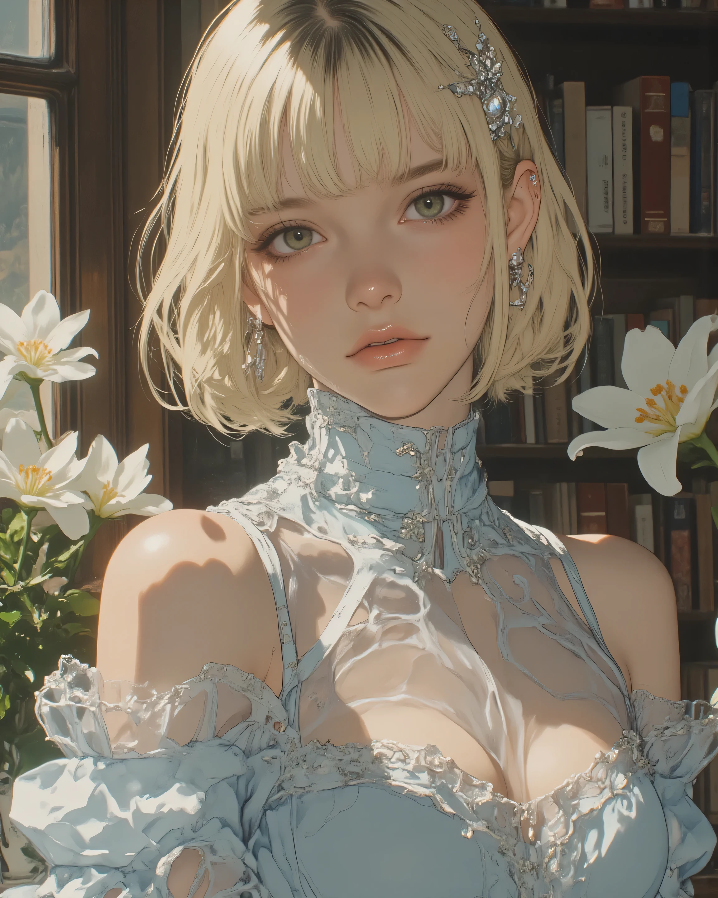 A mesmerizing close-up portrait masterpiece of Violet Evergarden from Kyoto Animation, captured in soft ethereal morning light filtering through a grand Victorian window, delicate rays illuminating her flawless porcelain skin and casting gentle highlights on her golden hair, evoking a sense of quiet introspection and timeless beauty.
Composition: Upper-body focus with a subtle three-quarter angle, her head slightly tilted as if lost in thought, turquoise eyes gazing softly into the distance with a subtle glimmer of unspoken emotion, lips parted in a whisper of vulnerability; background softly blurred with hints of ornate wooden bookshelves and fresh white lilies in a vase, creating an intimate, poetic atmosphere without any props or mechanical elements.
Outfit design: Exquisite doll-like gown in pale azure silk with cascading layers of chiffon ruffles and pearl-embellished lace at the high collar and cuffs, fitted bodice accentuating her slender figure with subtle silver threading in vine patterns symbolizing growth and emotion, off-shoulder sleeves draping elegantly to reveal graceful collarbones; golden hair styled in soft, voluminous waves pinned loosely with a crystal hairpin shaped like a blooming rose, a single strand falling tenderly across her cheek for added allure.
Overall beauty: Hyper-detailed anime style inspired by Kyoto Animation's Violet Evergarden, ultra-high resolution with impeccable facial symmetry and luminous skin textures, harmonious color palette of soft pastels – azure blues, warm golds, and ivory whites – with a cinematic glow effect; razor-sharp focus on her expressive face and intricate fabric details, dreamy bokeh depth of field, masterpiece quality, 8k, by Shigenori Kageyama and Yoshitaka Yashima, profoundly emotional and elegantly captivating.