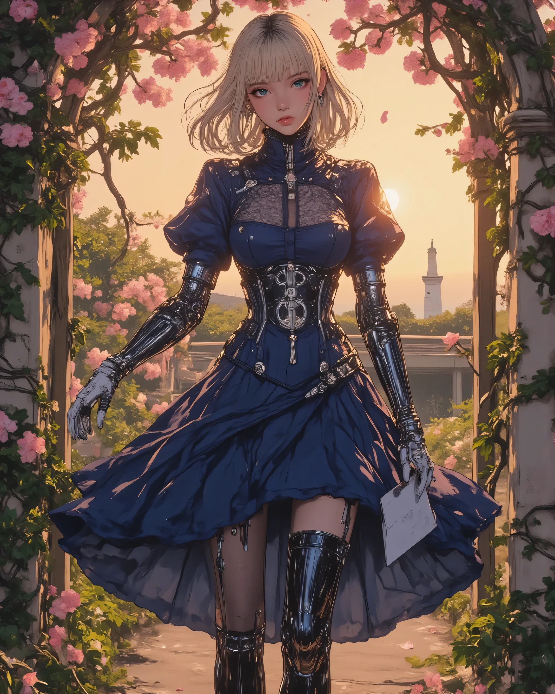 A breathtaking masterpiece illustration of Violet Evergarden from Kyoto Animation, standing elegantly in a serene Victorian garden at golden hour sunset, soft warm light filtering through blooming cherry blossoms and ivy-covered arches, casting ethereal glows and subtle shadows on her porcelain skin.
Composition: Full-body portrait with dynamic three-quarter view, her posture graceful yet poised like a doll awakening to emotion, one prosthetic arm extended gently holding a delicate letter in a blue envelope, the other hand resting on her chest as if touching her heart for the first time; background fades into misty horizon with faint silhouettes of a distant seaside lighthouse, evoking themes of longing and discovery.
Outfit design: Refined military-inspired doll attire – a form-fitting navy blue corset dress with intricate silver embroidery of floral motifs and subtle gear patterns symbolizing her mechanical arms, high collar with lace ruffles, asymmetrical skirt layers flowing to knee-length with hidden slits for mobility, paired with polished black ankle boots and a single white glove on her organic hand; golden hair in loose waves cascading to mid-back, adorned with a small silver brooch shaped like a forget-me-not flower; turquoise eyes wide with a mix of stoic resolve and budding vulnerability, subtle tear glint for emotional depth.
Overall beauty: Hyper-detailed anime style in the vein of Kyoto Animation's Violet Evergarden, ultra-high resolution, flawless anatomy and fabric textures, vibrant yet harmonious color palette of cool blues and golds with pops of crimson from scattered petals, cinematic depth of field with razor-sharp focus on her face and hands, soft bokeh lights, masterpiece quality, 8k, by Shigenori Kageyama and Yoshitaka Yashima, emotional and poetic atmosphere.