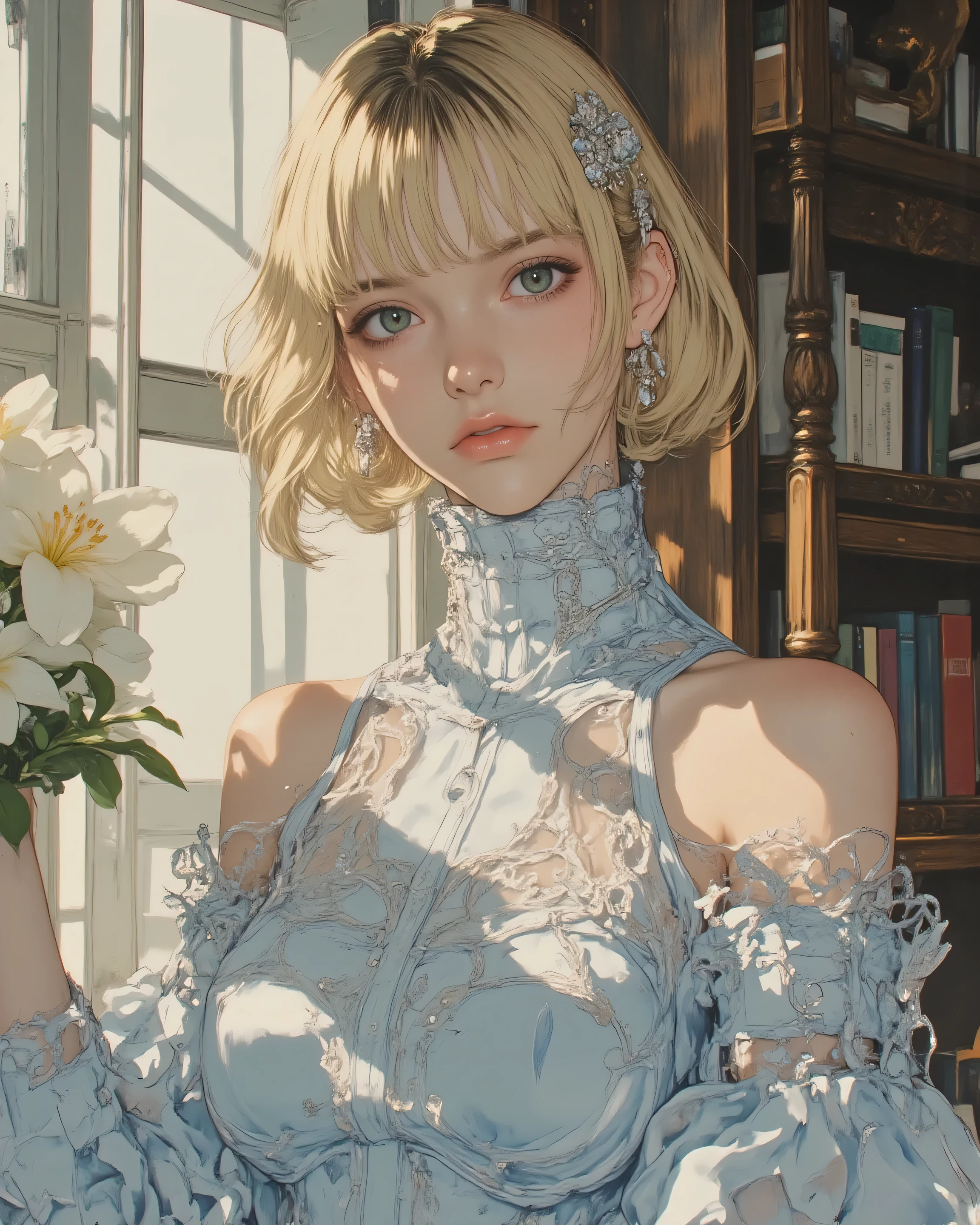 A mesmerizing close-up portrait masterpiece of Violet Evergarden from Kyoto Animation, captured in soft ethereal morning light filtering through a grand Victorian window, delicate rays illuminating her flawless porcelain skin and casting gentle highlights on her golden hair, evoking a sense of quiet introspection and timeless beauty.
Composition: Upper-body focus with a subtle three-quarter angle, her head slightly tilted as if lost in thought, turquoise eyes gazing softly into the distance with a subtle glimmer of unspoken emotion, lips parted in a whisper of vulnerability; background softly blurred with hints of ornate wooden bookshelves and fresh white lilies in a vase, creating an intimate, poetic atmosphere without any props or mechanical elements.
Outfit design: Exquisite doll-like gown in pale azure silk with cascading layers of chiffon ruffles and pearl-embellished lace at the high collar and cuffs, fitted bodice accentuating her slender figure with subtle silver threading in vine patterns symbolizing growth and emotion, off-shoulder sleeves draping elegantly to reveal graceful collarbones; golden hair styled in soft, voluminous waves pinned loosely with a crystal hairpin shaped like a blooming rose, a single strand falling tenderly across her cheek for added allure.
Overall beauty: Hyper-detailed anime style inspired by Kyoto Animation's Violet Evergarden, ultra-high resolution with impeccable facial symmetry and luminous skin textures, harmonious color palette of soft pastels – azure blues, warm golds, and ivory whites – with a cinematic glow effect; razor-sharp focus on her expressive face and intricate fabric details, dreamy bokeh depth of field, masterpiece quality, 8k, by Shigenori Kageyama and Yoshitaka Yashima, profoundly emotional and elegantly captivating.