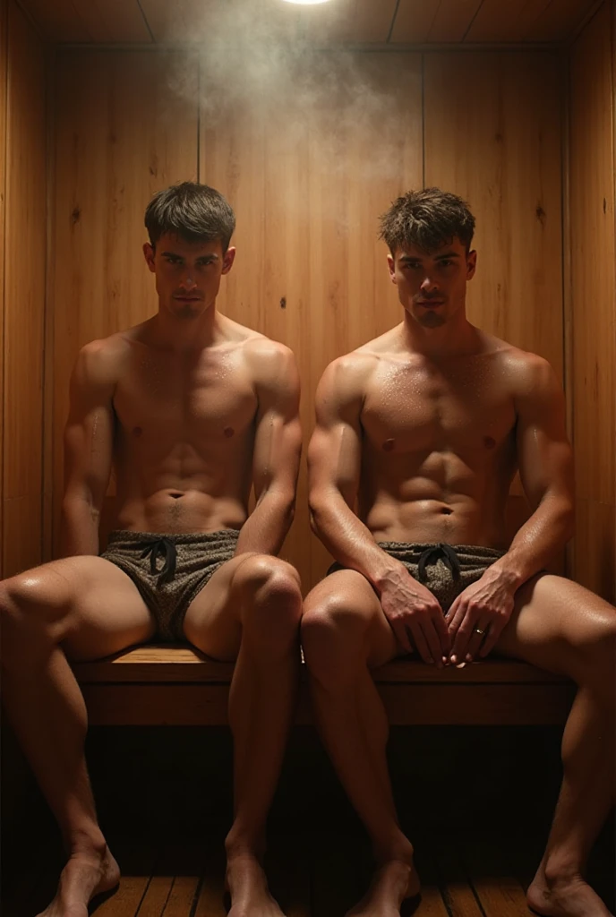 Sword fight between Nolan Gould and Grant Gustin  in a sauna with more men , all totally . 