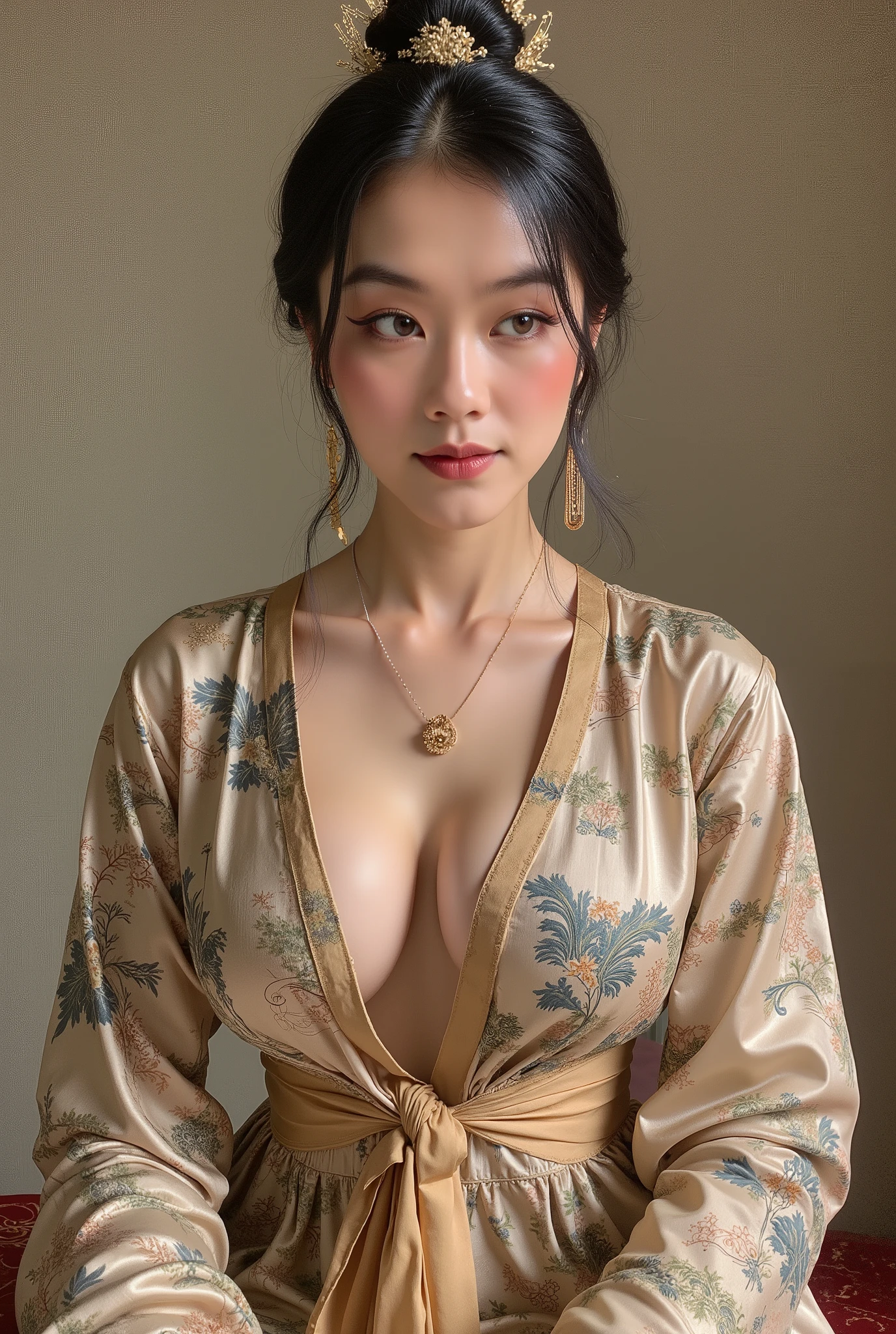 An artistic closeup of a Korean star in a modern interpretation of traditional wear - a silk wrap top with contemporary cut lines and traditional patterns. Dramatic butterfly sleeves reveal glimpses of shoulders while maintaining elegance. Her hair is styled in a modern updo with ornate hair accessories. Makeup features a perfect gradient lip and illuminated glass skin. Shot with precision lighting to emphasize bone structure and silk texture.