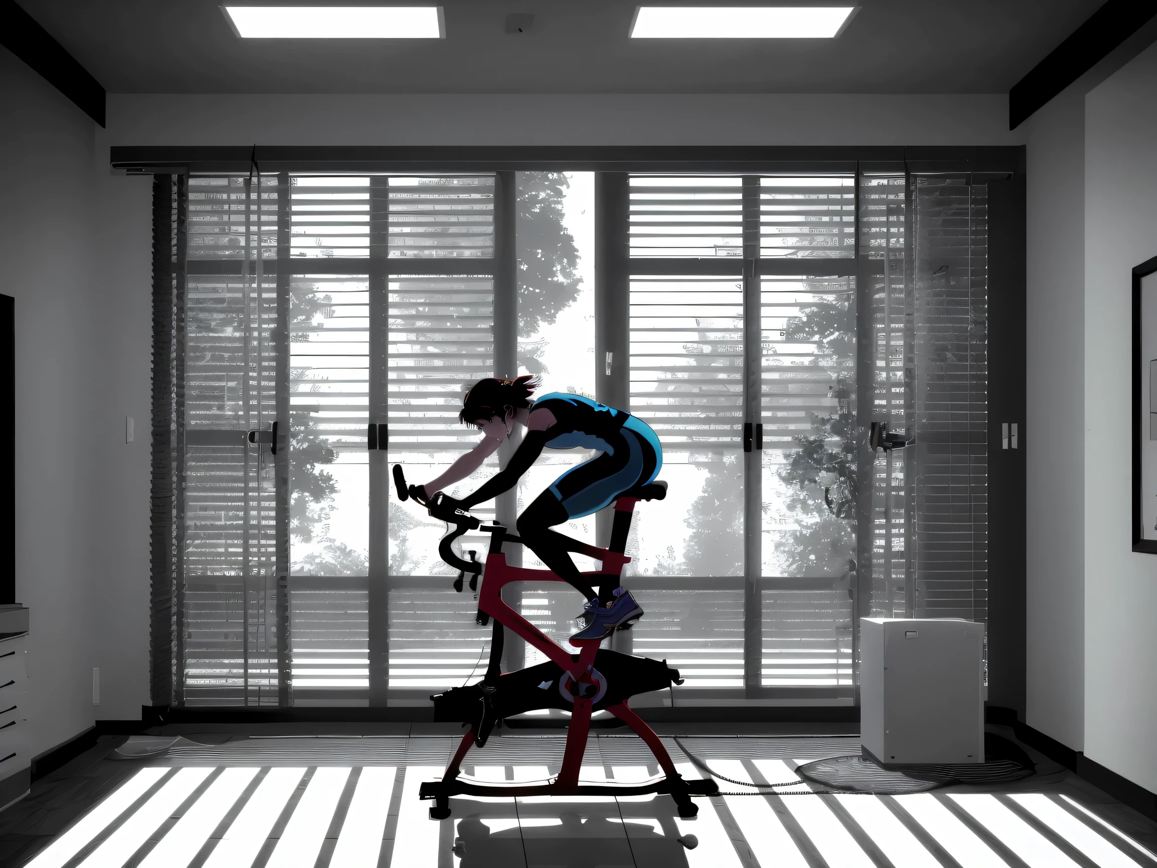 studio cycling fitness, early morning light, a person training on an indoor cycling bike, dynamic pose, sweat shining, cool studio lighting with blue and white tones, motivational atmosphere, cinematic wide-angle shot, subtle motion blur on pedals, high contrast, clean aesthetic, energetic morning vibe, realistic, 4K