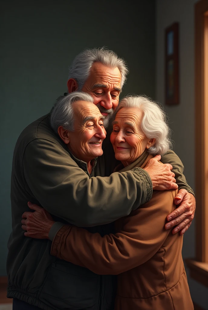 Create an image of a modest but cozy house, full of warmth. An old man, with gray hair and a kind smile, holds a small  in his arms. an elderly woman, probably his wife, caresses the child's head tenderly. Little Savior smiles, feeling safe and loved.