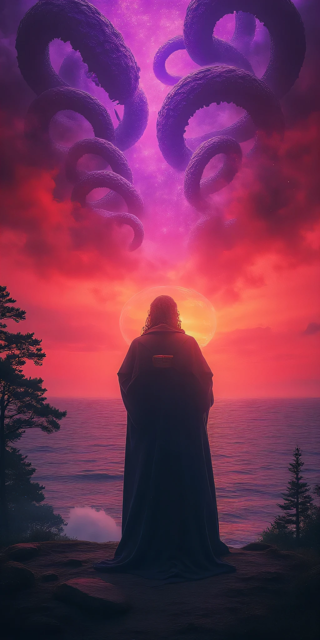 Wilbur Whateley stands atop Sentinel Hill before an ancient stone altar, his misshapen body silhouetted against a blood-red sunset over the Atlantic. His robes billow in an unnatural wind as he reads from the Necronomicon, while massive tentacles breach reality itself, tearing through a shimmering violet rift in the sky. The surrounding landscape appears warped and wrong, with twisted trees and shadows that move independently. Lovecraftian cosmic horror, eldritch abomination, dark surrealism, volumetric fog, cinematic lighting, extreme detail, photorealistic rendering.