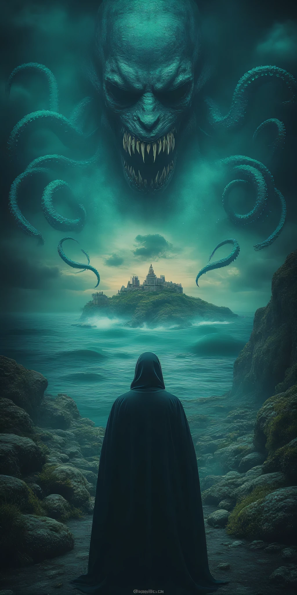 Wilbur Whateley's inhuman features partially concealed beneath a hood as he stands before an ancient altar on Sentinel Hill, the ocean below churning unnaturally. A tear in reality splits the twilight sky, revealing glimpses of an impossible dimension as massive tentacles with eyes and mouths writhe through. Strange fungi and alien vegetation grow around the altar stones, while whispers in unknown languages echo on the wind. Eldritch horror, Lovecraftian aesthetic, dark surrealism, photorealistic detail, atmospheric lighting.