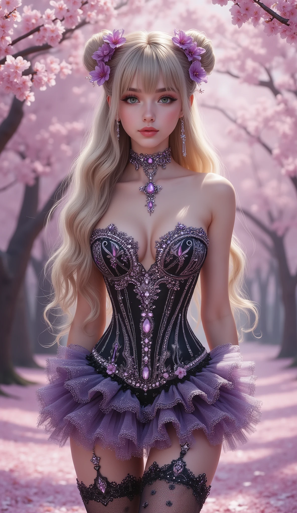 A young woman with fair skin and long, wavy blonde hair stands in a vibrant cherry blossom forest. Her hair is styled in two buns adorned with purple flower clips, and she wears an intricate black V-cut strapless corset with intricate silver embellishments, the corset's design forming a flames pattern, revealing her cleavage down to near her navel, accentuating her ample bosom. A matching, sparkling, frilly miniskirt and black thigh-high stockings with purple jeweled garters complete her ensemble. She accessorizes with a delicate silver necklace featuring a large purple pendant, matching earrings, and a choker. Her face is framed by soft makeup, emphasizing her large, expressive green eyes and full, pink lips. The background is a dreamy wash of pink and purple, with cherry blossoms blooming on the trees and scattered across the light pink ground, creating a magical and ethereal atmosphere.