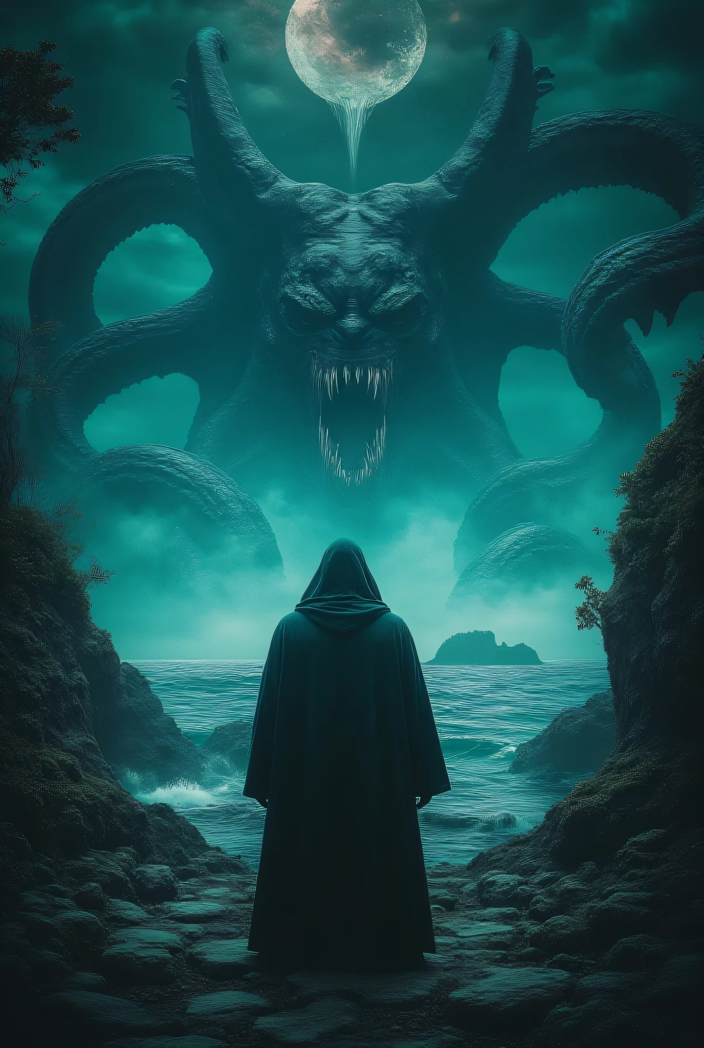 Wilbur Whateley's inhuman features partially concealed beneath a hood as he stands before an ancient altar on Sentinel Hill, the ocean below churning unnaturally. A tear in reality splits the twilight sky, revealing glimpses of an impossible dimension as massive tentacles with eyes and mouths writhe through. Strange fungi and alien vegetation grow around the altar stones, while whispers in unknown languages echo on the wind. Eldritch horror, Lovecraftian aesthetic, dark surrealism, photorealistic detail, atmospheric lighting.