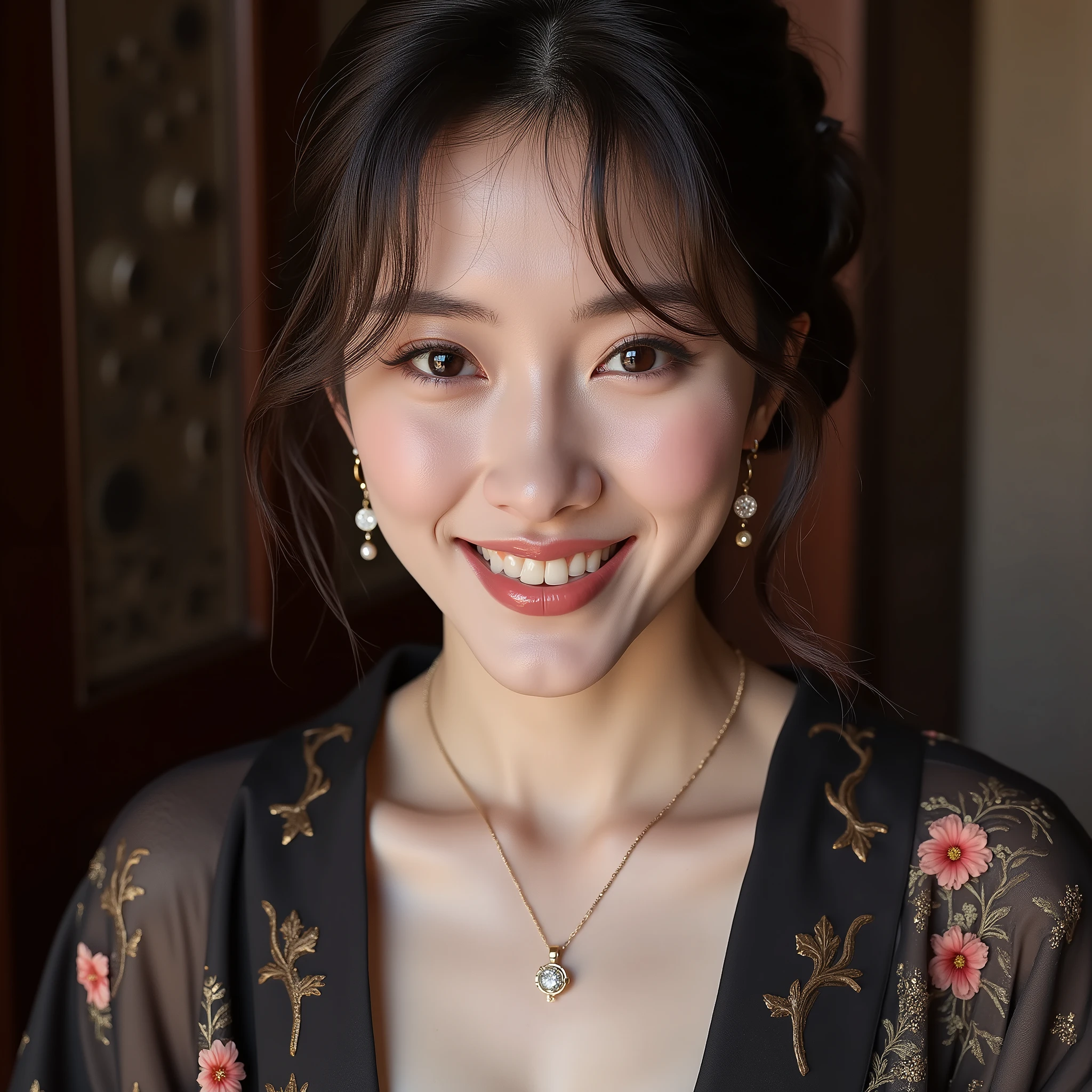 A Beautiful young Asian woman, 23yo, solo, stunning, medium brown updo styled hair, double eyelids, pale skin tone, balanced curves body, necklace with a tiny diamond charm, round shaped diamond earrings, OL style outfit, charming face, alluring smile, rich details, detailed, 