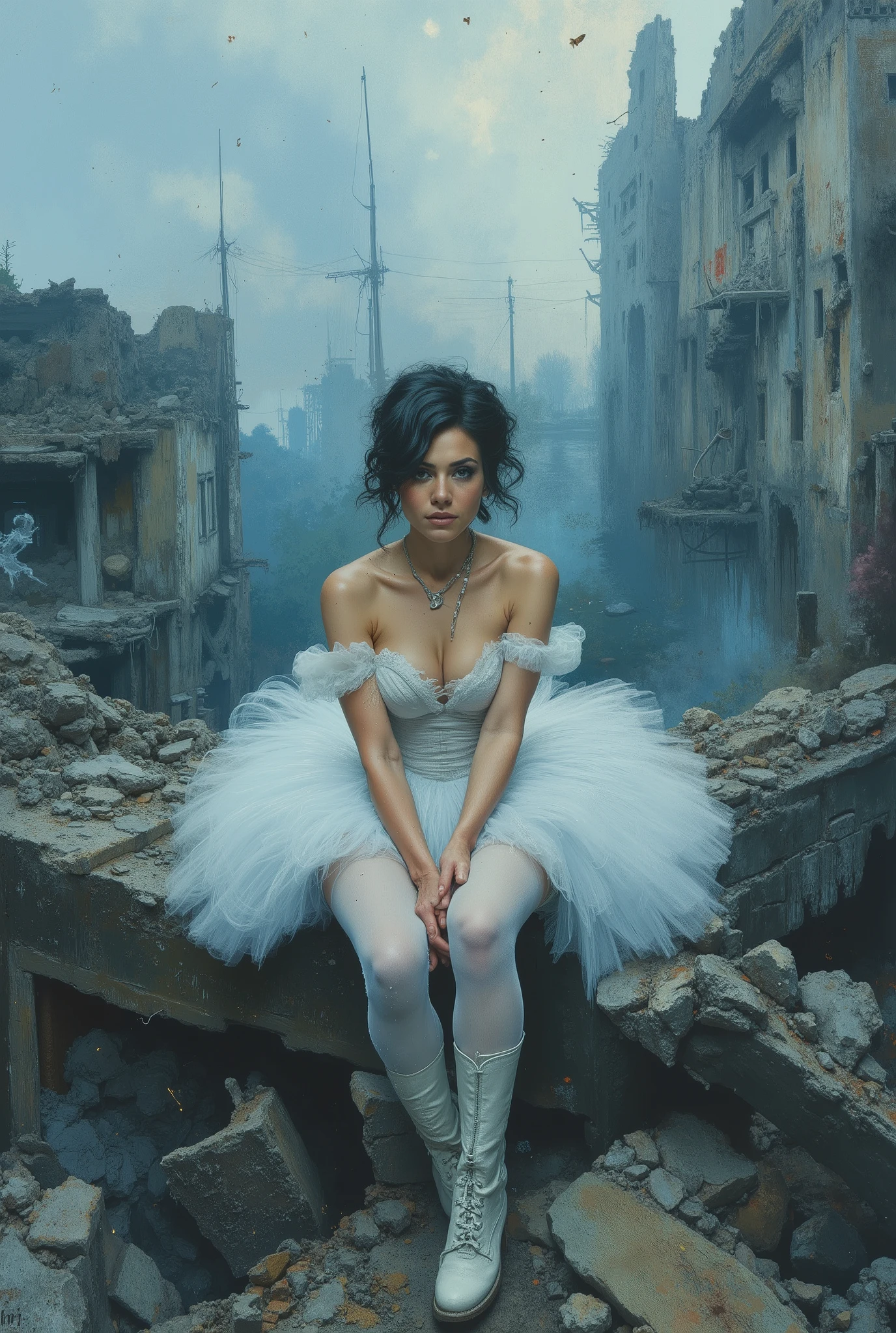oil painting. The end of World. The digital illustration shows a beautyfull woman. She's wearing a white tutu white pantyhose and white platform boots. She is sitting on the ruins of destroyed building with legs down. She has evening makeup and a hairstyle. It is wide angle shot from top. The background is a mix of abstract and urban elements, with a cool color palette dominated by shades of blue and gray. The overall style of the game is very detailed and dynamic, with an emphasis on strong and confident character behavior. Surreal digital graphics.