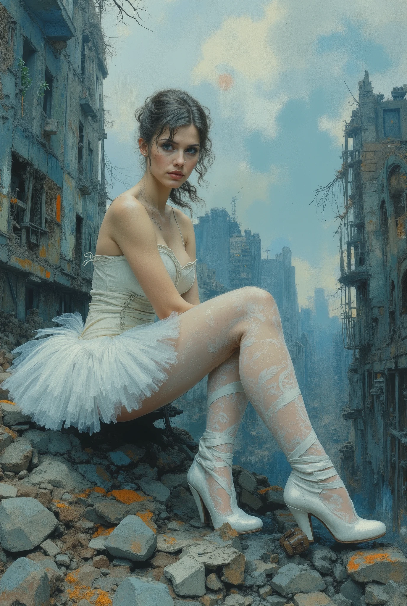 oil painting. The end of World. The digital illustration shows a beautyfull woman. She's wearing a white tutu white pantyhose and white platform boots. She is sitting on the ruins of destroyed building with legs down. She has evening makeup and a hairstyle. It is wide angle shot from top. The background is a mix of abstract and urban elements, with a cool color palette dominated by shades of blue and gray. The overall style of the game is very detailed and dynamic, with an emphasis on strong and confident character behavior. Surreal digital graphics.