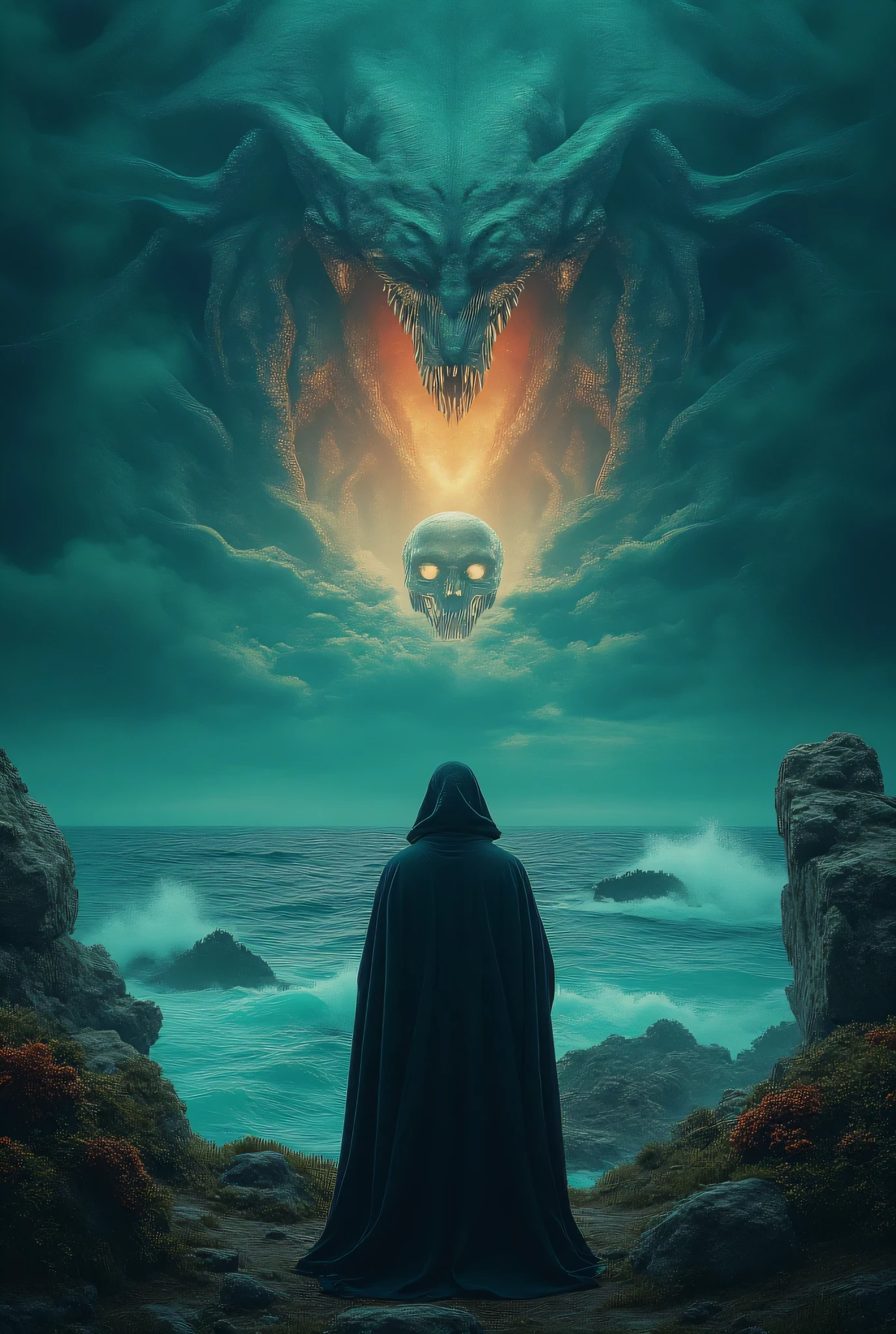 Wilbur Whateley's inhuman features partially concealed beneath a hood as he stands before an ancient altar on Sentinel Hill, the ocean below churning unnaturally. A tear in reality splits the twilight sky, revealing glimpses of an impossible dimension as massive tentacles with eyes and mouths writhe through. Strange fungi and alien vegetation grow around the altar stones, while whispers in unknown languages echo on the wind. Eldritch horror, Lovecraftian aesthetic, dark surrealism, photorealistic detail, atmospheric lighting.