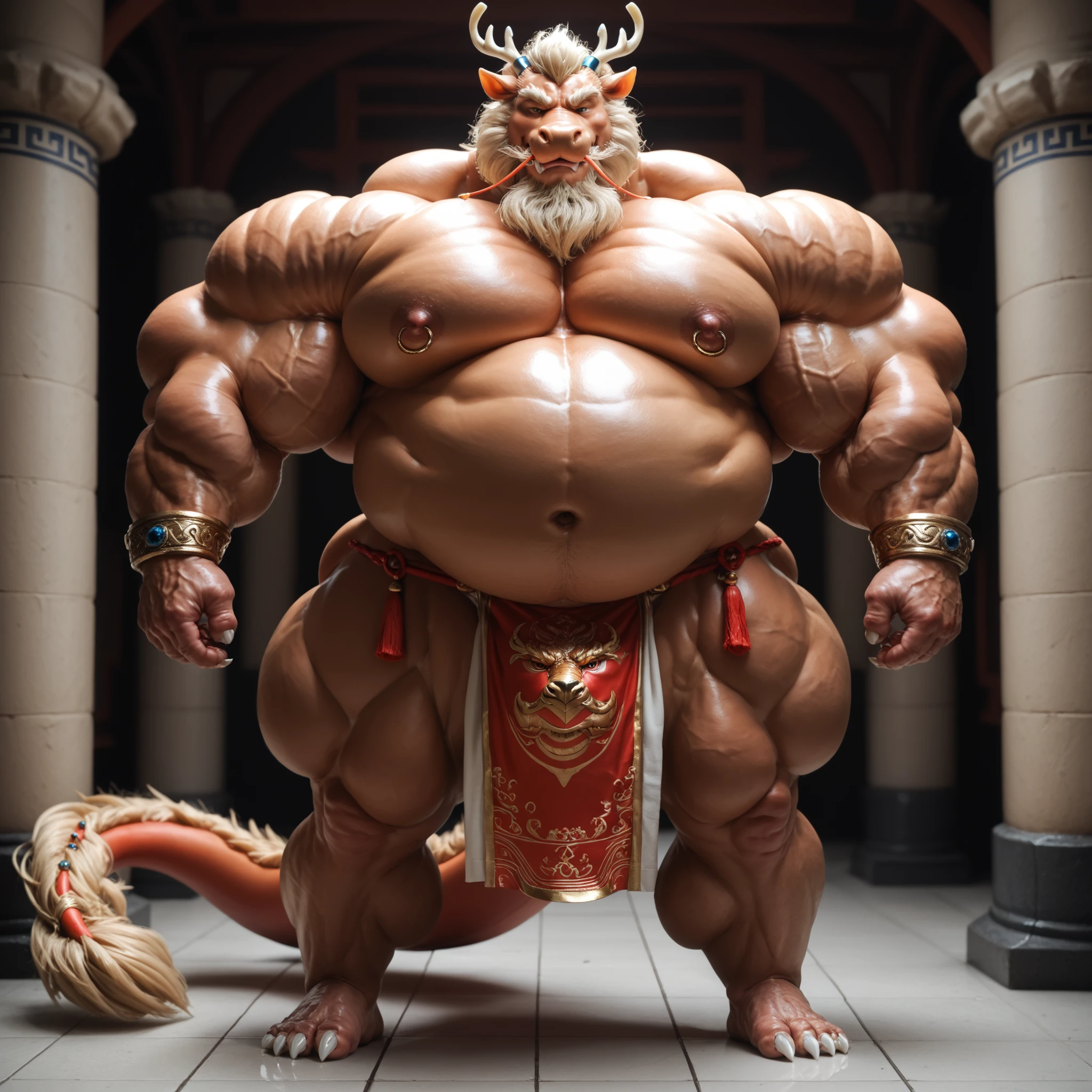 eastern dragon,a humanoid dragon mix of Chinese and European dragon, hefty daddy body,colossal,hulking, huge muscles, plump body muscles, colossal body, five-digit hands and feet,hefty, hyper thick heavy shape, stout musclegut, thick waist, big daddy belly,big belly, chubby muscles,plump  muscles, prominent abs,remarkably well defined, heavyweight abs, rounded and fulled, sharp white claws, thick thighs,big feet claws, full body, loincloth, nips, best quality.