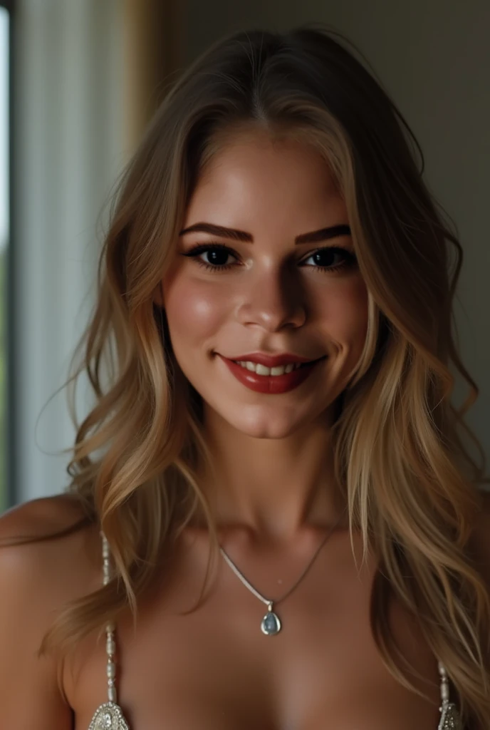 close-up on face of slender woman,(swedish,ukranian), natural beauty, sultry, seductive,parted lips, sxxxymouth, tongue on upper lip, lidded blue eyes, very long wavy blonde ponytail, arms overhead, in flowing summer dress in a lush flower garden. professional photo. dappled shadows