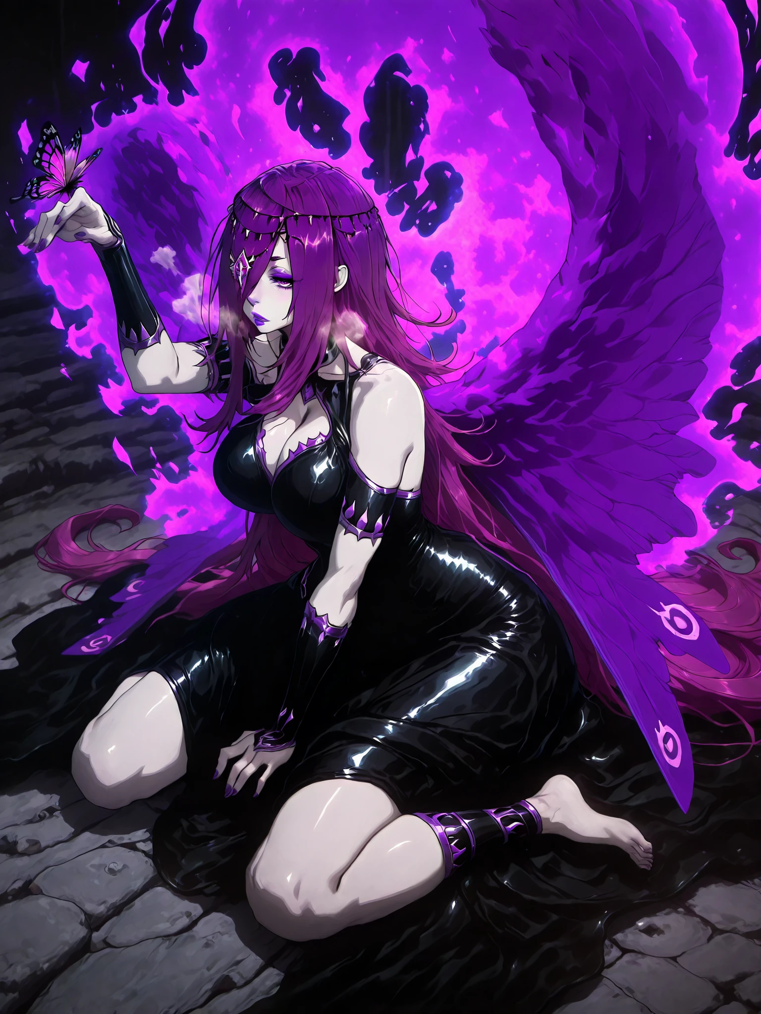 Meteor, Manhwa, L_Cation2, babu-style, Hgk, (himadera-style:1.2), (neoartcore-style:1.3), (bluecup-style:1.4), (remu_(kirieroido)-style:1.2), (gin_moku-style:1.3), ((anime coloring, anime screencap)), shiny skin, Hand drawn, cinematic, Sharp focus, humorous illustration, big depth of field,(cellulite:1.2) Masterpiece, ((cinematic, backlighting)), concept art, trending on artstation, Vivid colors, Simplified style, trending on ArtStation, trending on CGSociety, Intricate, Vibrant colors, Soft Shading, Simplistic Features, Sharp Angles, Playful, (voluptuous body:1.4), (mature female:1.4), ((anatomical correct)), perfect body, perfect eyes, perfect fingers, gasping, (glowing eyes:0.8), heavy breathing, gasping profusely, ((skindentation)), ((curvy, thigh gap)), hair over one eye, long hair, purple hair, purple eyeshadow, purple eyes, circlet, hair ornament, purple lips, (pale skin:1.3), plump, 1girl, solo, dress, bug, barefoot, wings, butterfly, black_dress, sitting, blood, wariza, breasts, cleavage, collarbone, bare_shoulders, (aura:1.4)