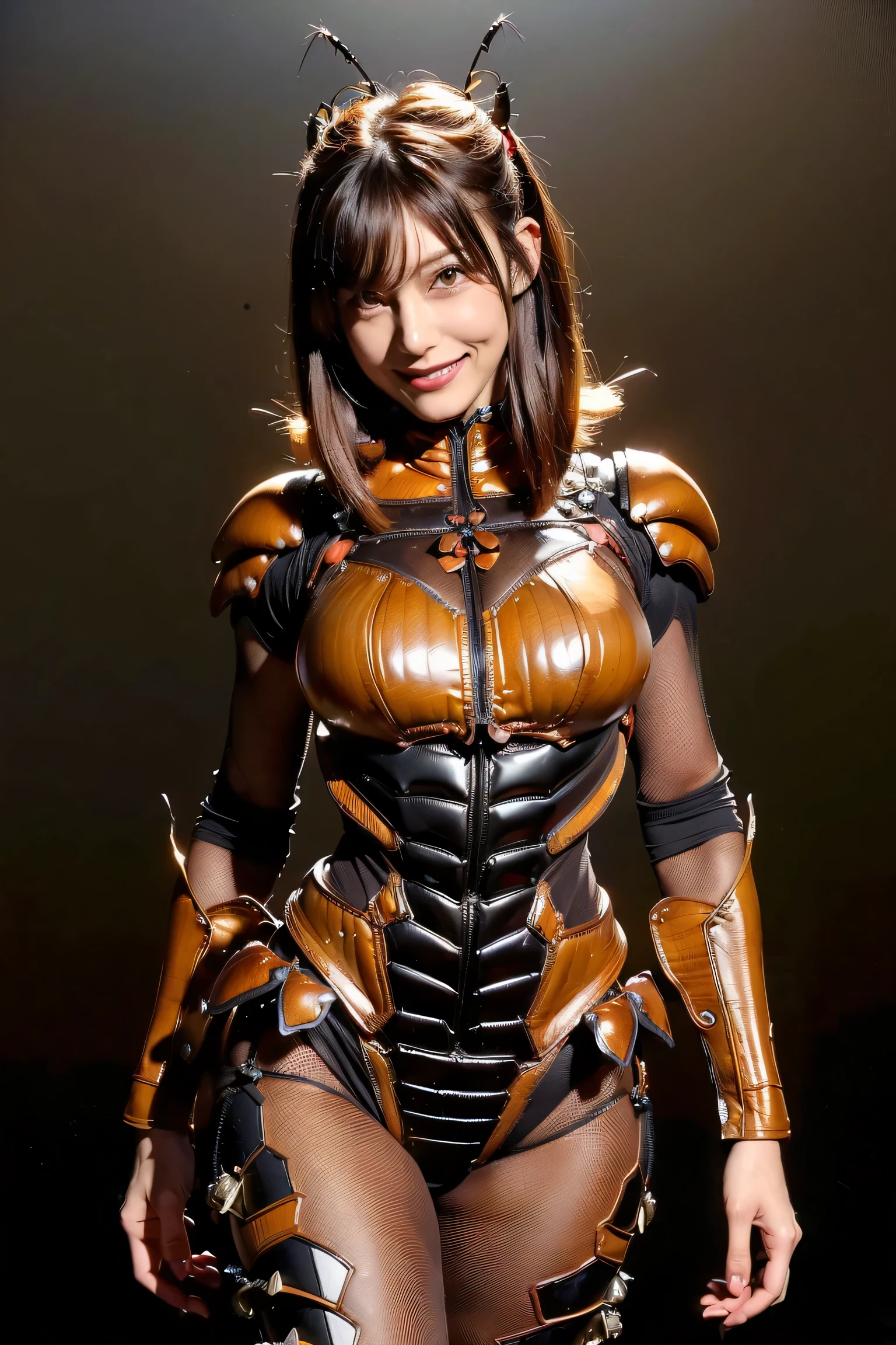 (high resolution,masterpiece,best quality,extremely detailed CG, anime, official art:1.4), realistic, photo, amazing fine details, all intricate, gloss and shiny,awesome many layers, 8k wall paper, 3d, sketch, kawaii, illustration,( solo:1.4), perfect female proportion,villainess, (fusion of dark brown cockroach and lady:1.4), (brown cockroach form lady:1.2), (brown cockroach lady:1.2), (fusion:1.2), (solo:1.4), (evil smile:1.2), muscular, abs, (cockroach brown exoskeleton bio insect suit:1.4), (cockroach brown exoskeleton bio insect armor:1.2), (brown transparency cockroach wing:1.4), (brown cockroach antennae:1.3),