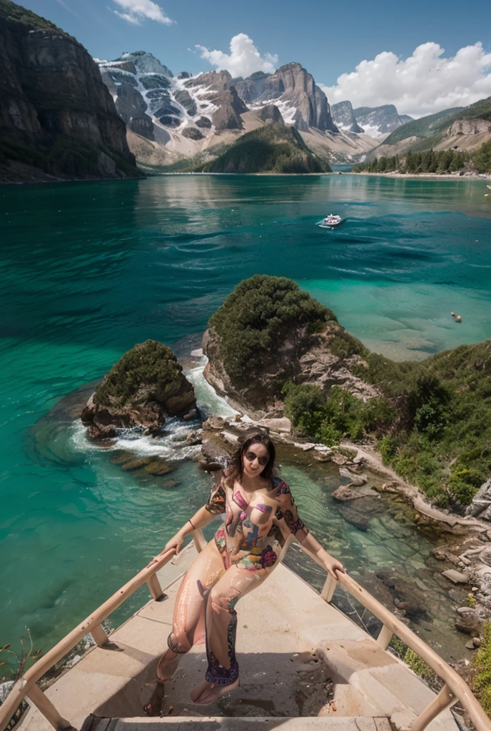 Imagine two women with long messy rainbow coloured hair, swimming in a crystal clear lake in the mountains