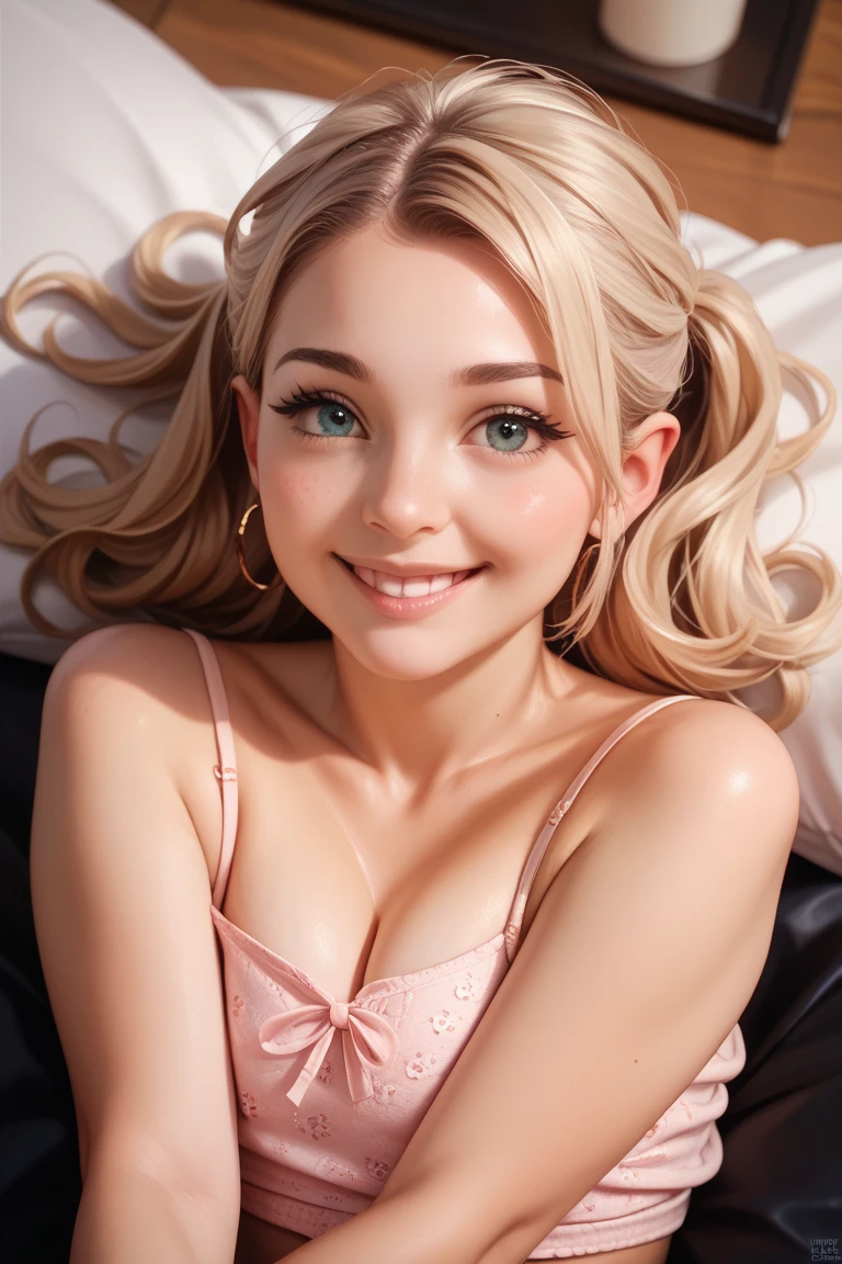 (masterpiece, best quality),1girl smiling with Blonde curly hair twin tails sitting in a bed of her bedroom in front of her bedroom, warm lighting, blurry foreground,  dress, 18 yo, very small ???????, 