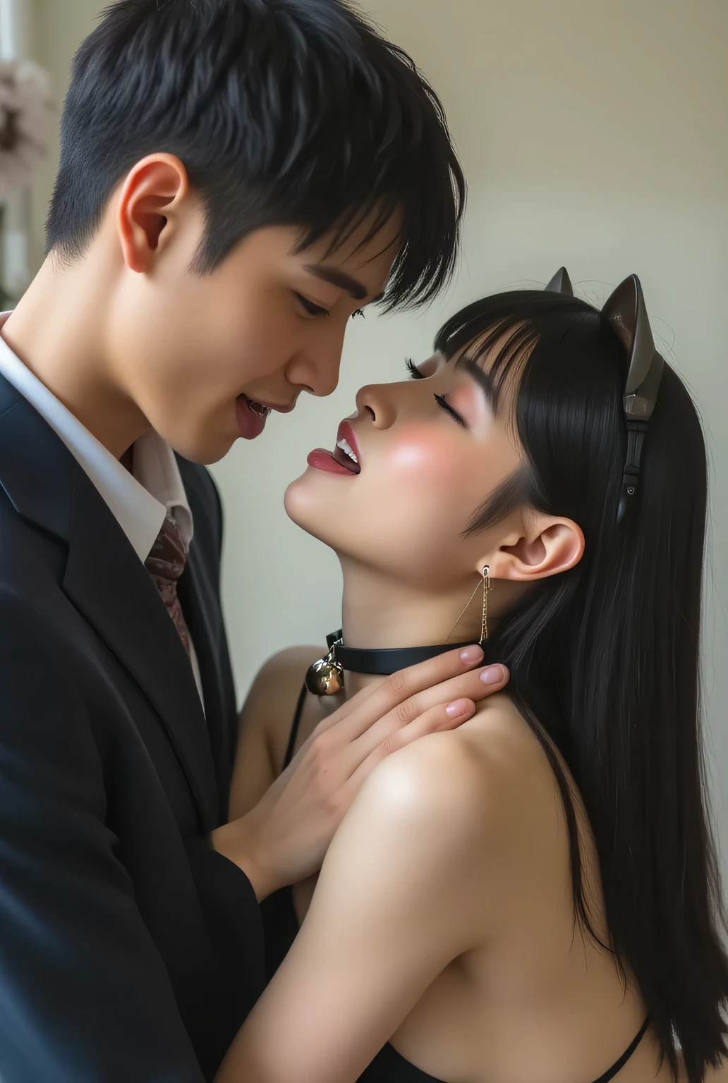 masterpiece, Super High Definition, Ultra High Precision, Ultra-realistic, very high resolution details, Picture, Realism Pushed to the Extreme,Fine texture. A beautiful naked woman with an axe face wearing a black collar with a bell, The woman has long straight black hair and wears cat ears,She is looking up at the man with a happy face and taking a naughty pose at the feet of a man in a suit.、Man licks woman's cheek、Naked women are loved as male pets、The background is soft and blurry like a pet playground.