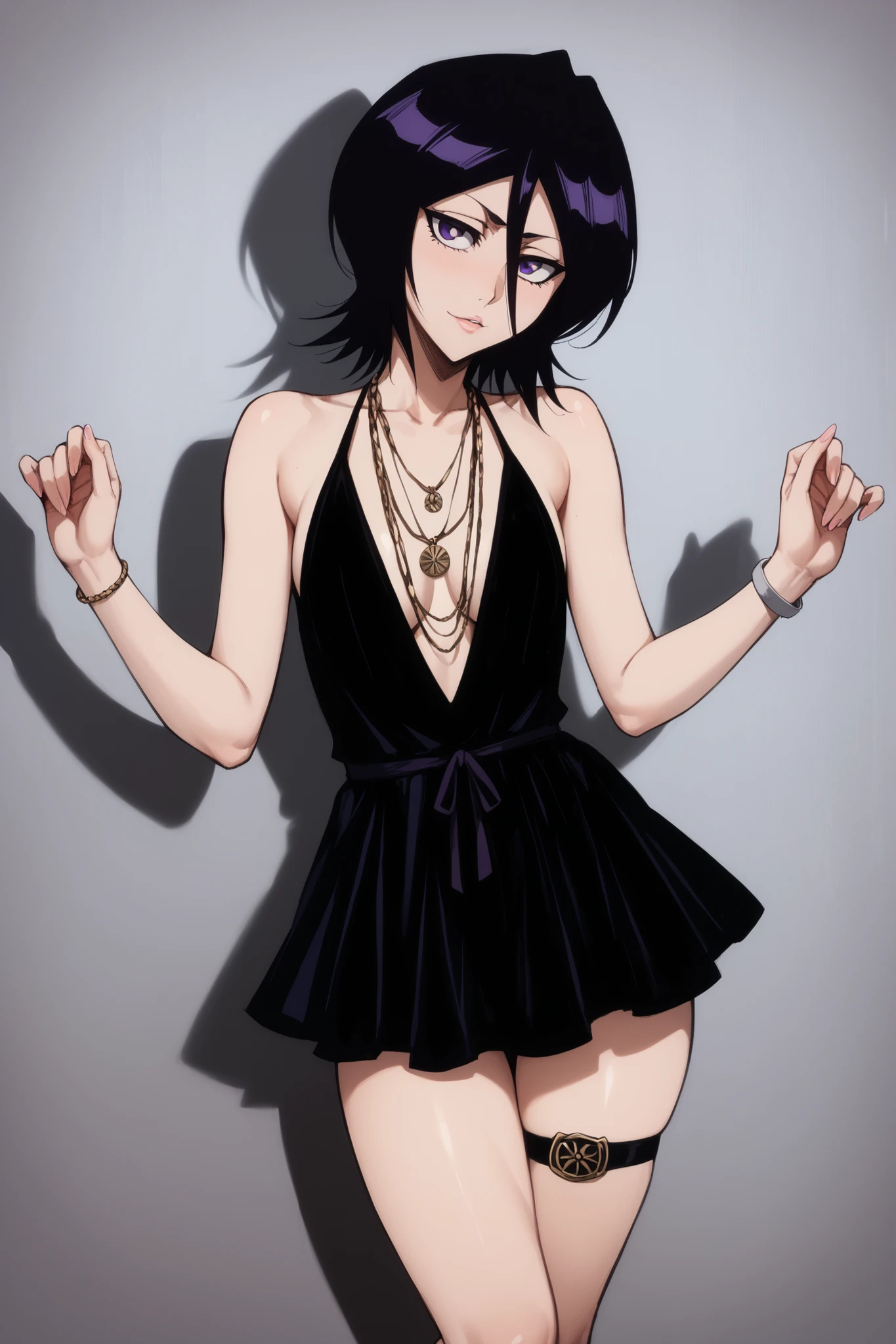 Score_9, Score_8_up, Score_7_up, Score_6_up, Score_5_up, Score_4_up, Source_anime, Tag1, Tag2, Best quality, High quality, Detailed, High resolution, 8k, Ultra high res, Soft saturation, Professional quality, Perfect contrast, Perfect litthing, Anatomically correct, perfect breasts, Wide hips, Gargantuan butt, Sensual woman, mature female, milf, motherly, seductive, Bedroom eyes, Very curvy, Plump, BREAK standing, rukia from bleach, violet eyes colour, black hair colour, sexy expressions,