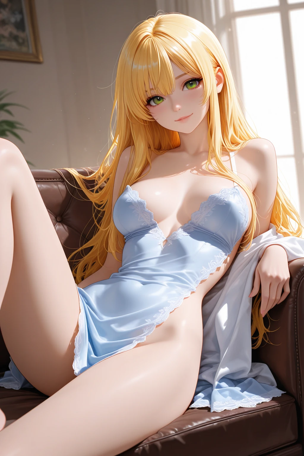 1girl, blonde hair, ((from.below)), (()), ((tights)), ( ), (()), looking down, , ((close up)), (red lips)