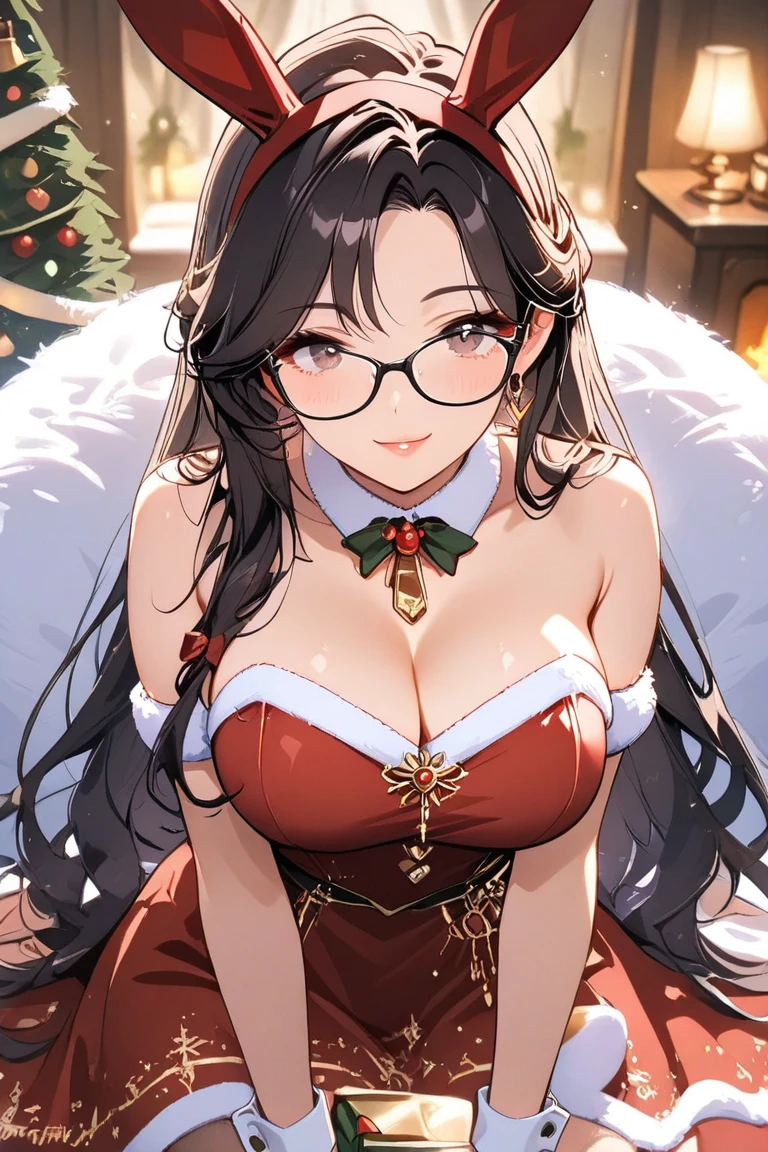 <lora:add_brightness:0.5><lora:add_detail:0.5>1 woman, large breast,  ,blush, forehead,  black hair,  glasses,sleeveless shirt, miniskirt, slit,
mini christmas tree, window,warming,  indoor,winter
 |<lora:SexySantasHelper:1>sshelper,