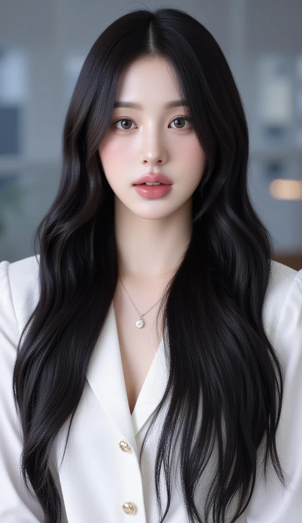 White wall as background、Some hair is light gray:1.4)、White Wall、Taken in front of the white door、(A room with a white wall and a window)、((best quality、8K、masterpiece:1.3))、Ultra-high resolution、(photorealistic:1.4)、RAW photos、Japanese,(Face)、real、Shoot in natural light、Highly detailed Face and skin texture、Very detailed lips、The correct state of the human body、Black Hair、Various postures、Natural lip color、Wearing black cat ears headdress、Dark office suit、black suit