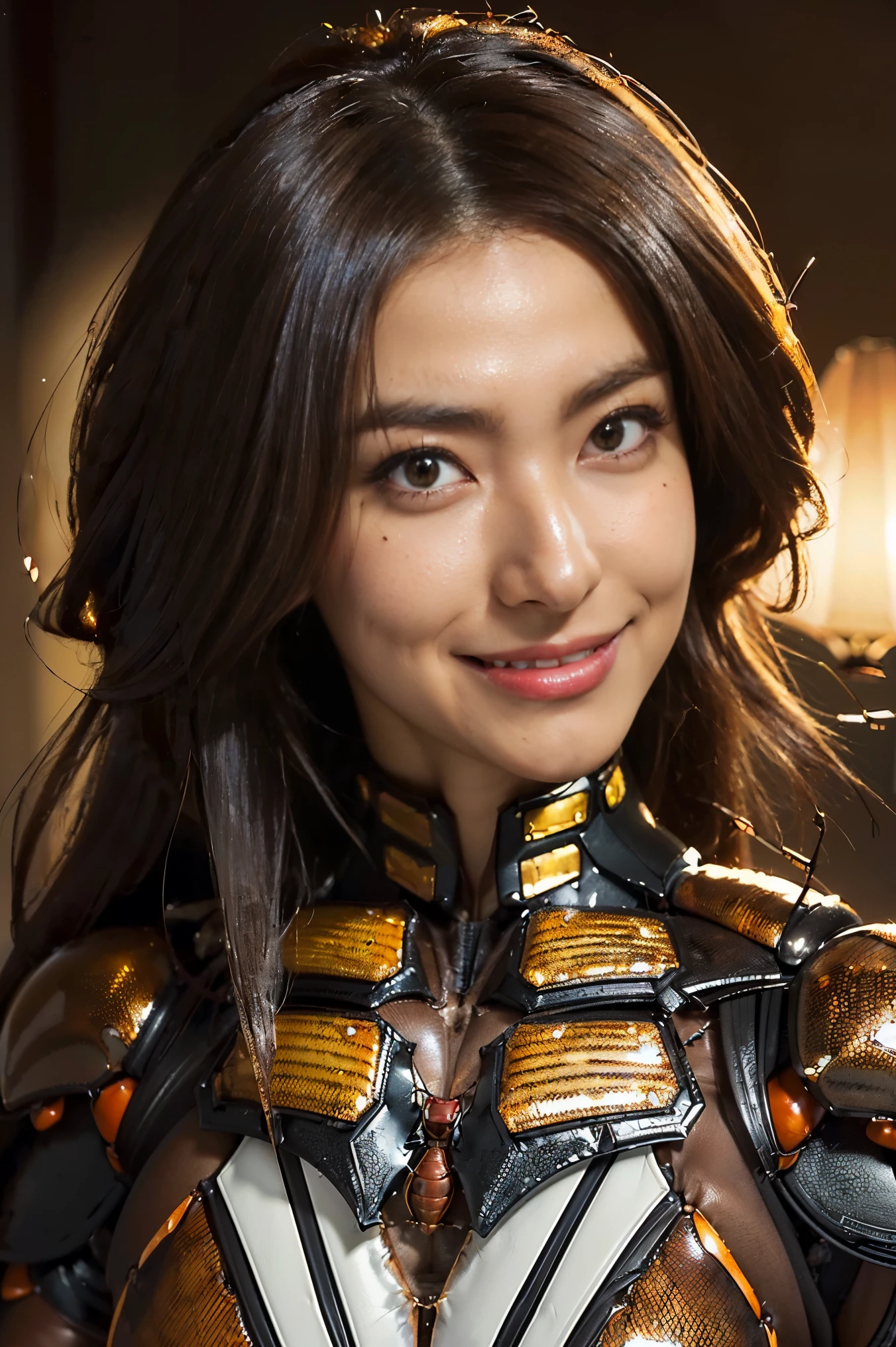 masterpiece、Highest quality、Highly detailed CG、Great details、High resolution、8K Wallpaper、All the intricacies、Super detailed、Super Shining、Oily luster、monster girl、Cockroach and woman fusion、Female cockroach forms、Cockroach woman、Fusion、Acting alone、gal、Perfect female ratio、Wicked Smile、cute、anime face、Antennae of cockroaches、特にOily luster、muscular、Cockroach and exoskeleton suit fusion、Mahogany colored dark skin、Short Hair、bionde、Purple streak hair、crustacean、arthropod、Enemy hideout style background、Background of the evil organization style