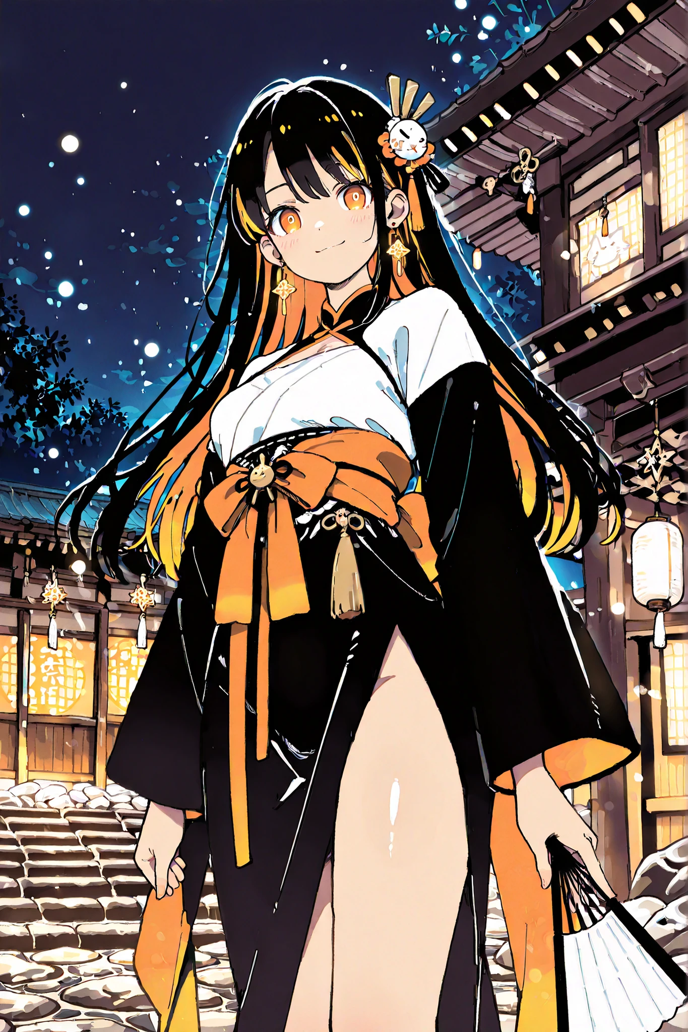 ** high quality anime style 、No paper quality、8K full-body composition。
The background is a composition that captures “historic wooden Japanese-style architecture” at night from an angle。
The overlapping of complex wooden roofs is illuminated with warm lights、
A fantastic night view where the entire building shines golden。
I only draw the exterior of an old Japanese building built outside。
does not draw letters or signs、x} Express the atmosphere with just the light and the texture of the wood Do。
The background only depicts “the exterior of the Dogo Onsen Main Building at night”。
Long Eyes、glossy skin、A soft smile with calm colors。
black hair with golden-orange highlights、
long hair that shines elegantly in response to the lights of the building。I have tangerine earrings on my ears。
holds the “folding fan” firmly with the right hand。
Fan bones with fingertips(Bamboo bone)I'm grabbing、
the fan always exists at hand、does not disappear or float。
The fan is tangerine orange〜has a golden magic light、
particles of light dance softly from the fan surface。
The costume is a sexy Japanese fantasy dress based on black and orange。
Chest deeply open、particles of light dance softly、
A bewitching silhouette with a deep slit in the thigh swaying。
The golden decoration shines mysteriously。
色の塗り方は柔らかな high quality anime style グラデーション。
the skin and hair are smoothly shaded、
only the fan and metal decorations shine strongly、
with calm colors that blend naturally with the Japanese architecture in the background。**