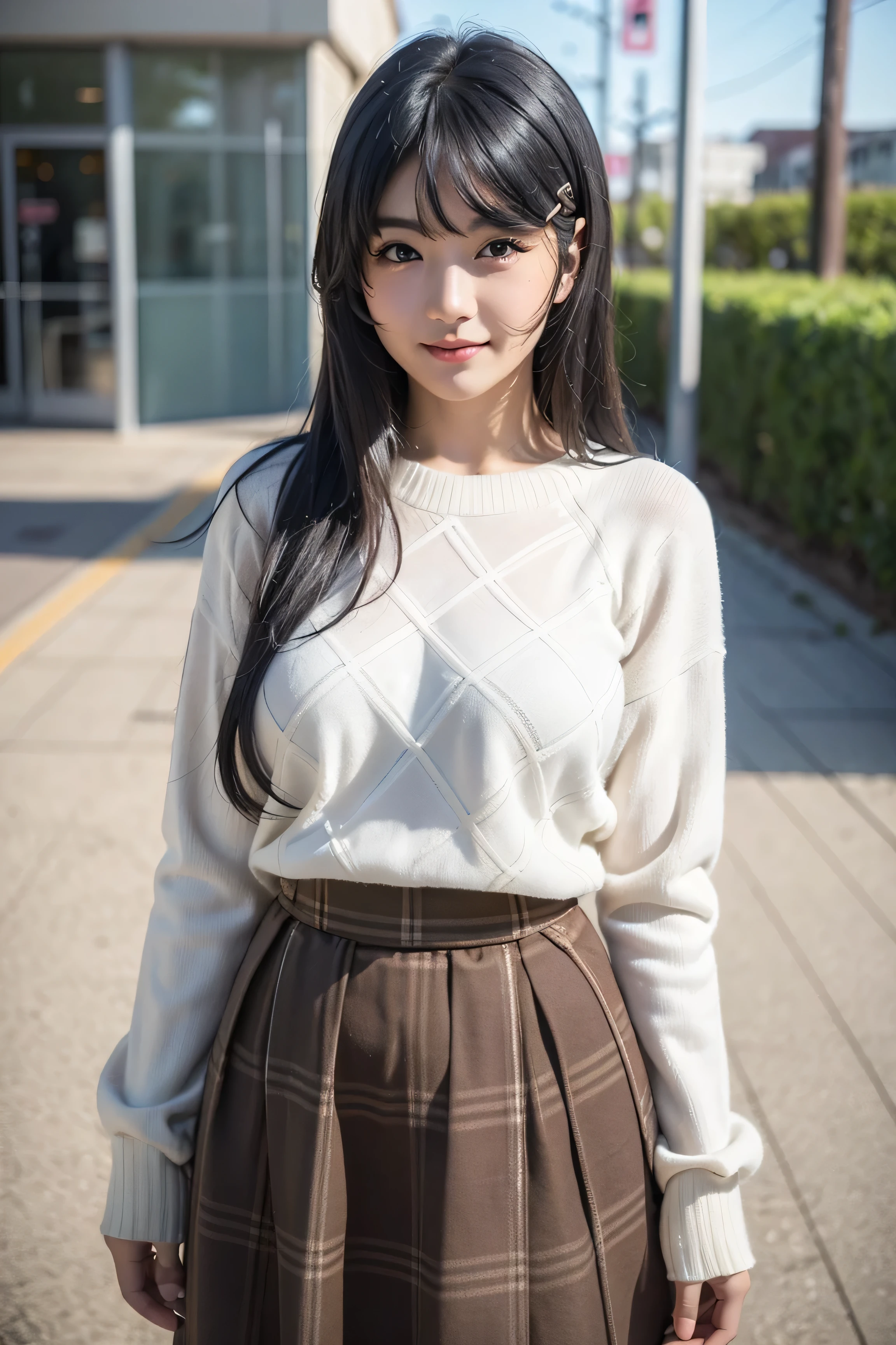 top quality, 8k, 32K, masterpiece, photorealistic image, beautiful face, perfect face, highly detailed beautiful face and eyes, attractive face, (detailed skin:1.2, Skin blemishes:0.5), real human skin, perfect skin,
smile,
cowboy shot, A lovely pose, active pose, Standing on a sand dune in winter,
1girl, cute Japanese girl,18 years old, high school students, viewers, smaller, Beautiful Breasts, skinny body, Moderate waist circumference, Medium Breasted,
Mai Sakurajima, long hair, Bang, (黒い髪:1.5), (Purple Eyes:1.1), ((hair clip)),
(((white sweater, puffy long sleeve, checkered brown long skirt))),