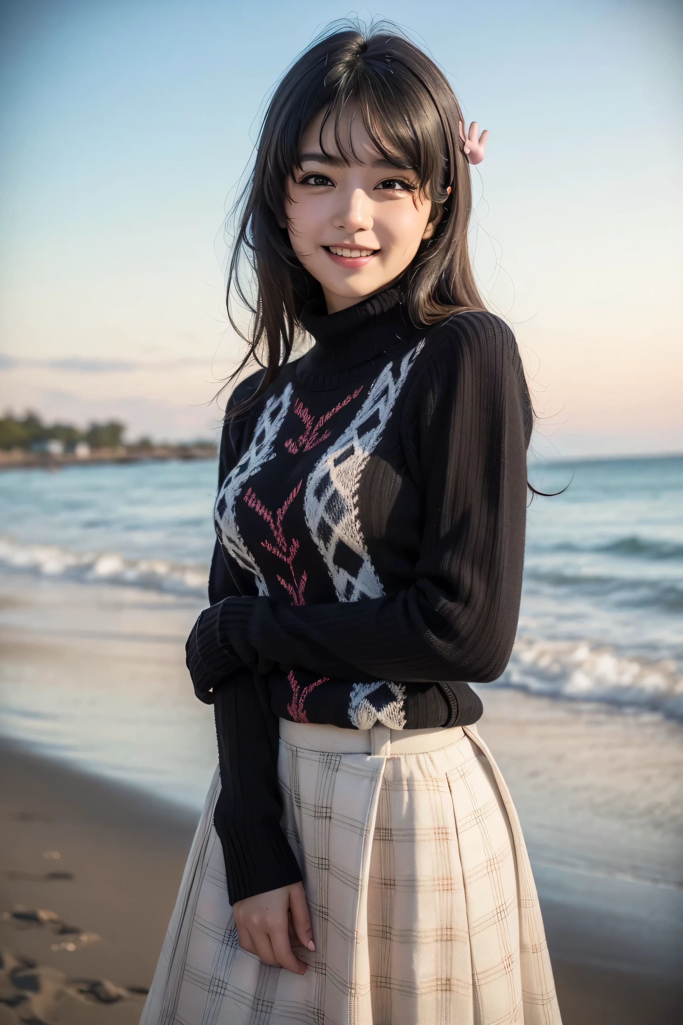 top quality, 8k, 32K, masterpiece, photorealistic image, beautiful face, perfect face, highly detailed beautiful face and eyes, attractive face, (detailed skin:1.2, Skin blemishes:0.5), real human skin, perfect skin,
smile,
cowboy shot, A lovely pose, active pose, Standing on a sand dune in winter,
1girl, cute Japanese girl,18 years old, high school students, viewers, smaller, Beautiful Breasts, skinny body, Moderate waist circumference, Medium Breasted,
Mai Sakurajima, long hair, Bang, (黒い髪:1.5), (Purple Eyes:1.1), ((hair clip)),
(((white sweater, puffy long sleeve, checkered brown long skirt))),