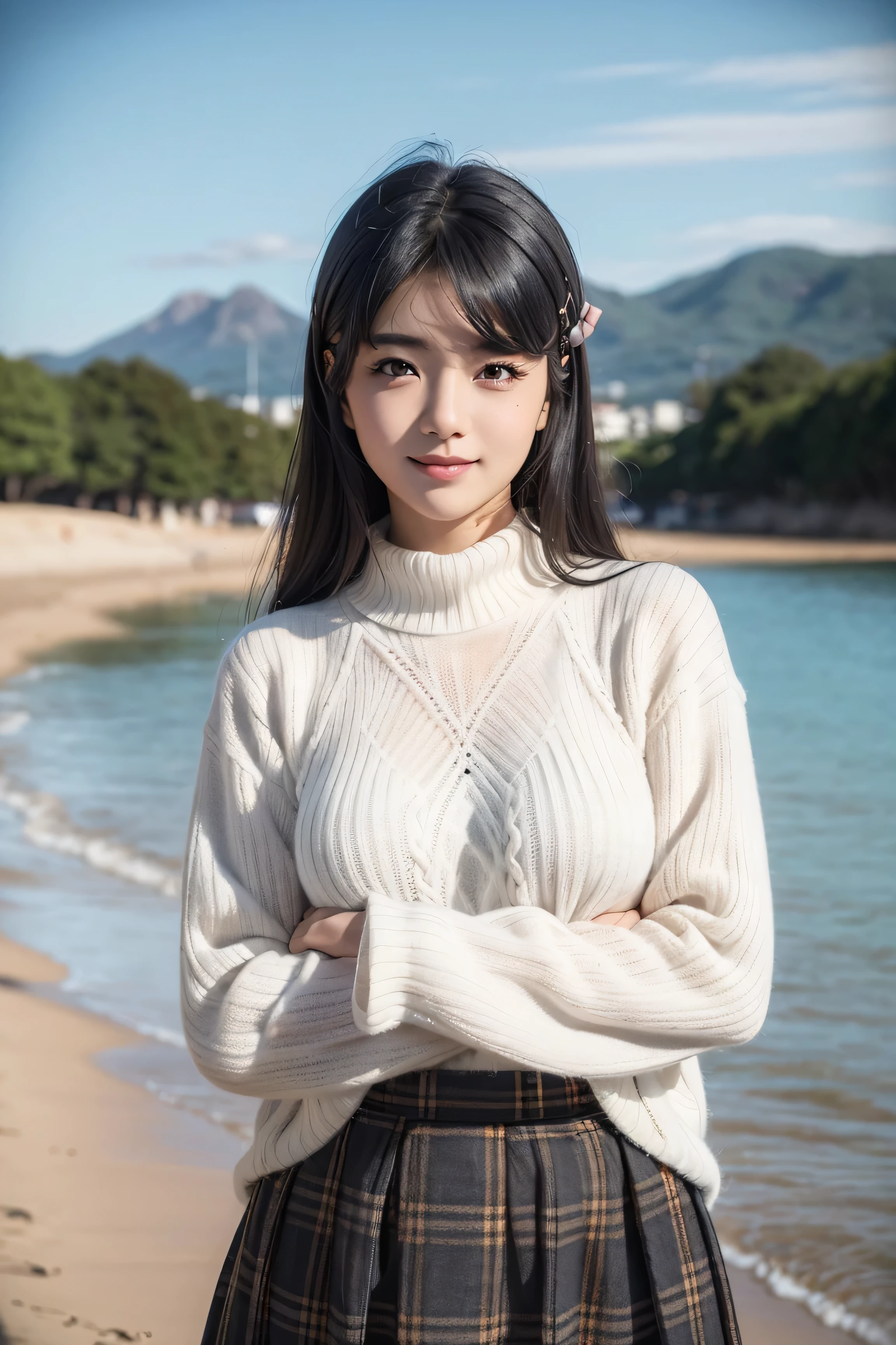 top quality, 8k, 32K, masterpiece, photorealistic image, beautiful face, perfect face, highly detailed beautiful face and eyes, attractive face, (detailed skin:1.2, Skin blemishes:0.5), real human skin, perfect skin,
smile,
cowboy shot, A lovely pose, active pose, Standing on a sand dune in winter,
1girl, cute Japanese girl,18 years old, high school students, viewers, smaller, Beautiful Breasts, skinny body, Moderate waist circumference, Medium Breasted,
Mai Sakurajima, long hair, Bang, (黒い髪:1.5), (Purple Eyes:1.1), ((hair clip)),
(((white sweater, puffy long sleeve, checkered brown long skirt))),