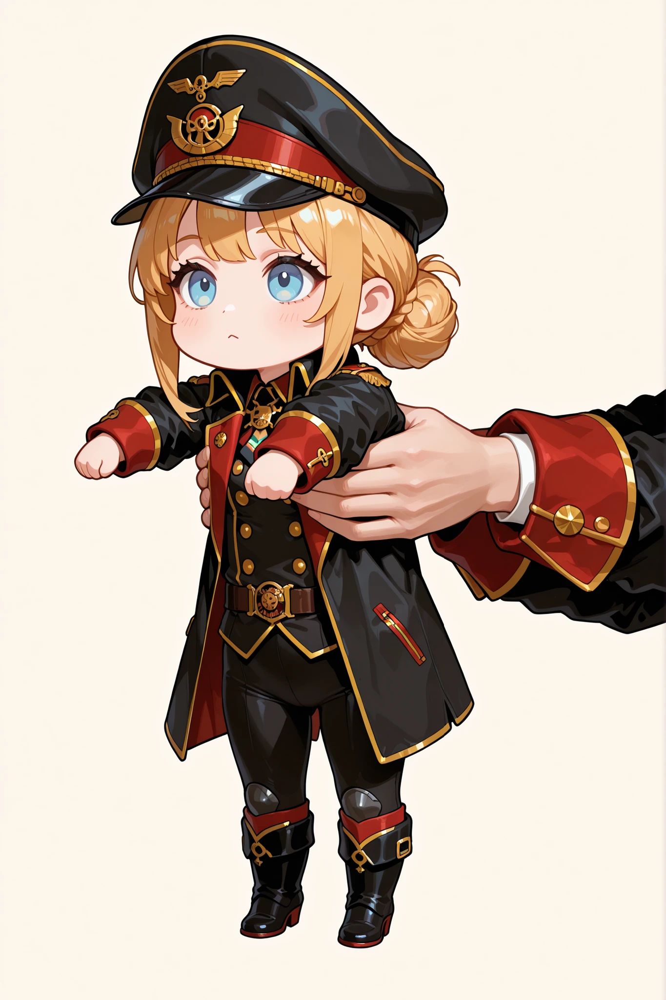 IncrsXLLCM, full body, chibi, UHD, masterpiece, anatomically correct, super detail, best quality, high-res, 16k, Short golden hair low bun, commissar flat cap, commissar jacket, blue eyes, holding animal / holding person