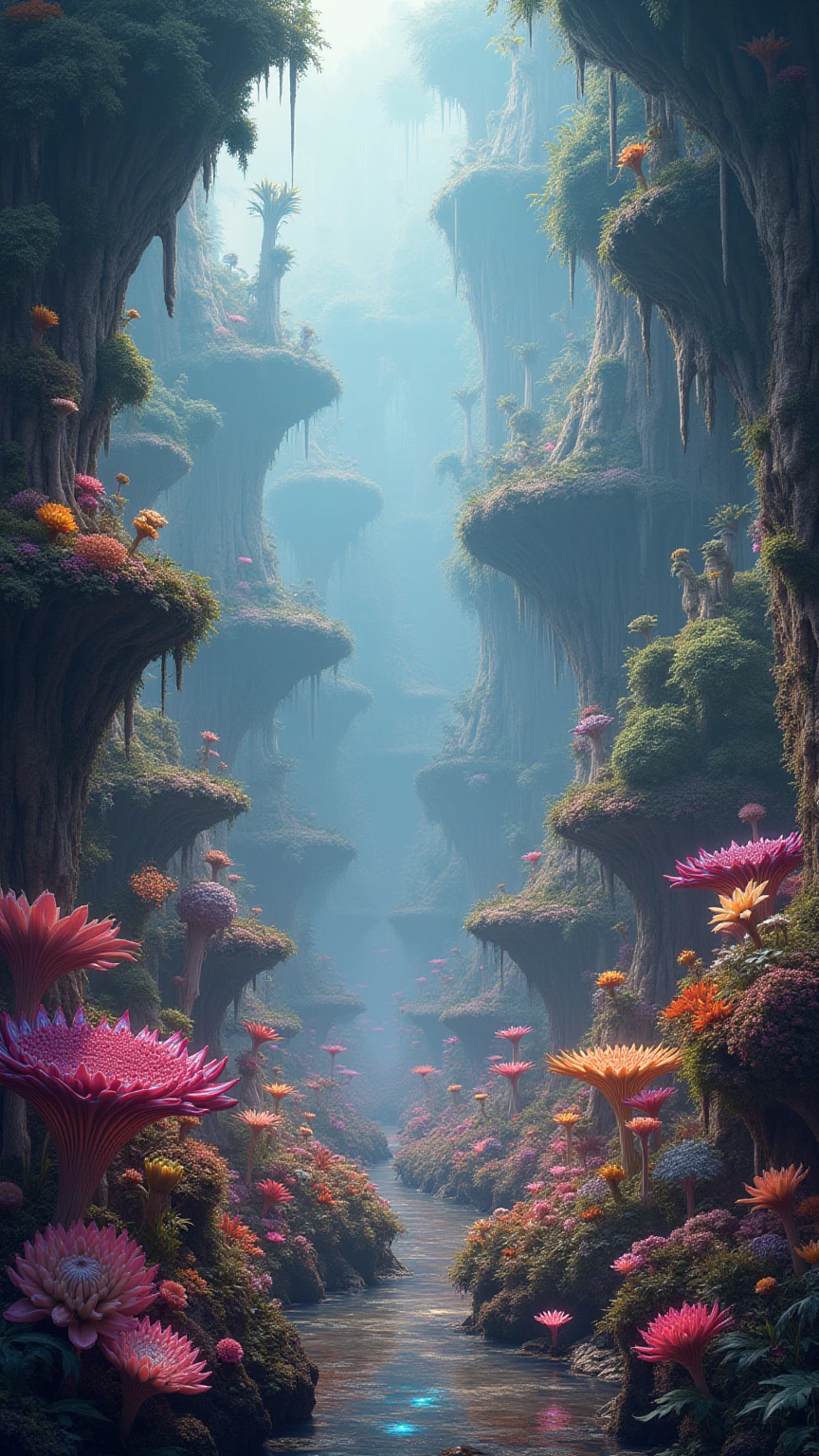 alien forest landscape with alien flowers, alien plants, realistic, ultra-detailed