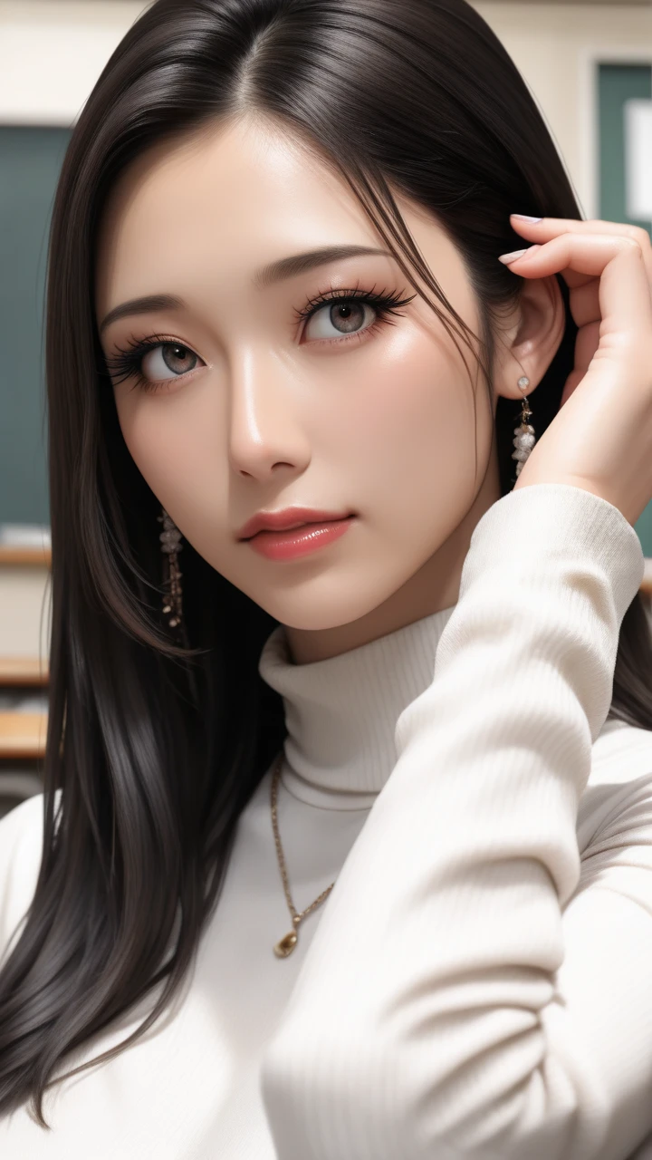 Highest quality、Realistic、Japanese、Women、zoom、cute、Ocean、Grey Eyes、Long Hair、Chestnut Hair、Back to all、the forehead is protruding、Light blue dress、Looking down、Big smile、 Shot、thin、Small