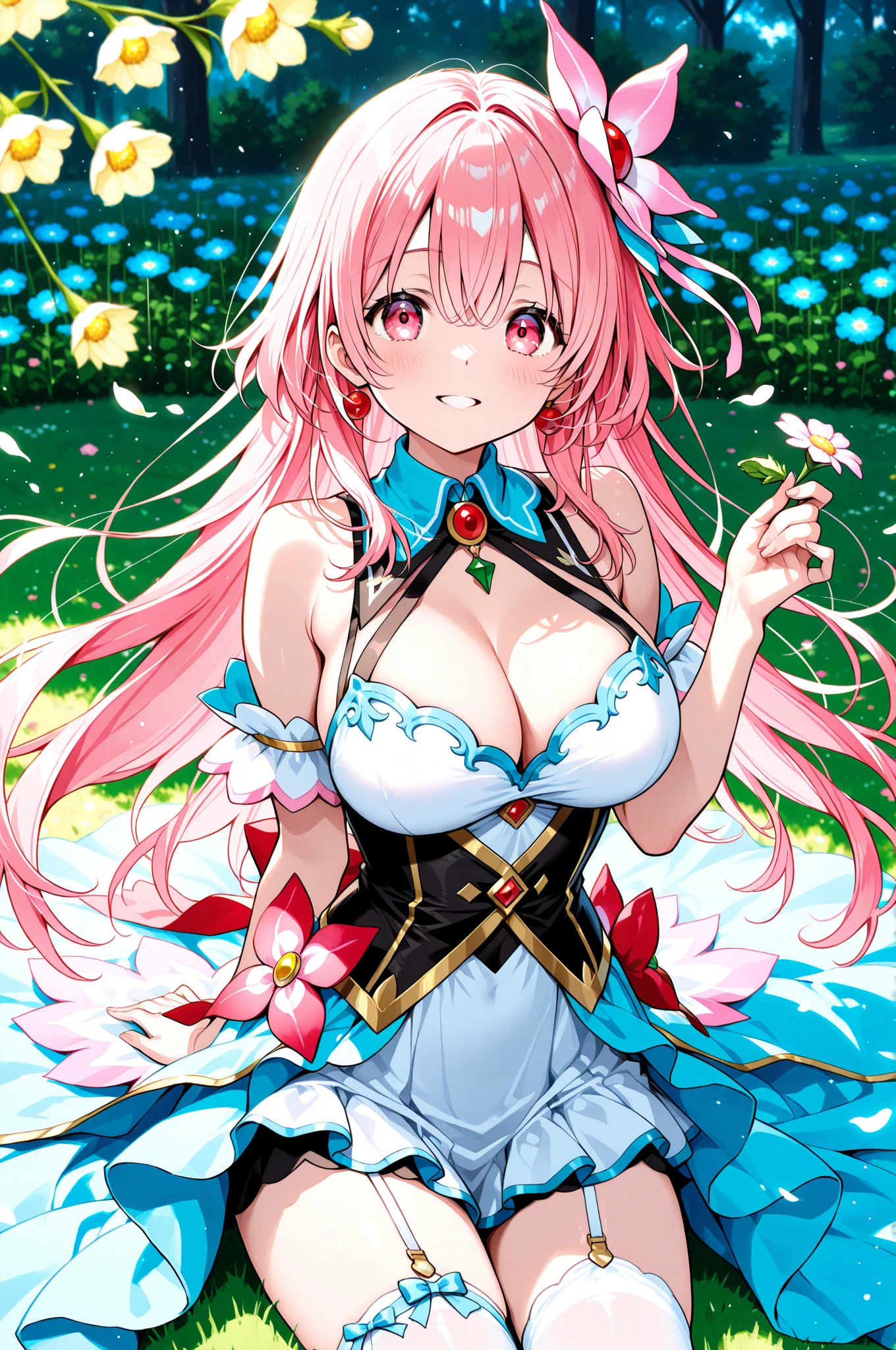 ((Moe anime art style:1.2)), (((masterpiece))), (((best quality))), ((ultra detailed)), (illustration), ((an extremely delicate and beautiful)), ((super detailed skin)), (((8K))), BREAK (((solo girl, A young-looking princess))), (18 years old), ((full body)), ((from front)), (on side in the meadow, lying down surrounded by flowers), BREAK (((Shiny dark pink taffeta))), ((Dense lace, Long train, Lots of frills)), (((Full-length crinoline hoop skirt, Beautiful and luxurious Rococo Victorian ball gown dress))), BREAK (((gigantic breasts))), ((cleavage cutout)), Sweat on the chest, BREAK (((Super delicate and beautiful face))), ((Beautiful Lips, Delicate beautiful eyes)), ((embarrassed))), BREAK bangs, (((Pink Hair, Fluffy ponytail, Curly Hair, Expressive hair, very voluminous long hair))), Beautiful silver and jeweled hair ornaments, BREAK (((nature))), (in forest), ((so many colorful flowers)), ((Flowing petals)), Particles of light pouring down, (light sparkles:1.5), (light leaks:1.5),