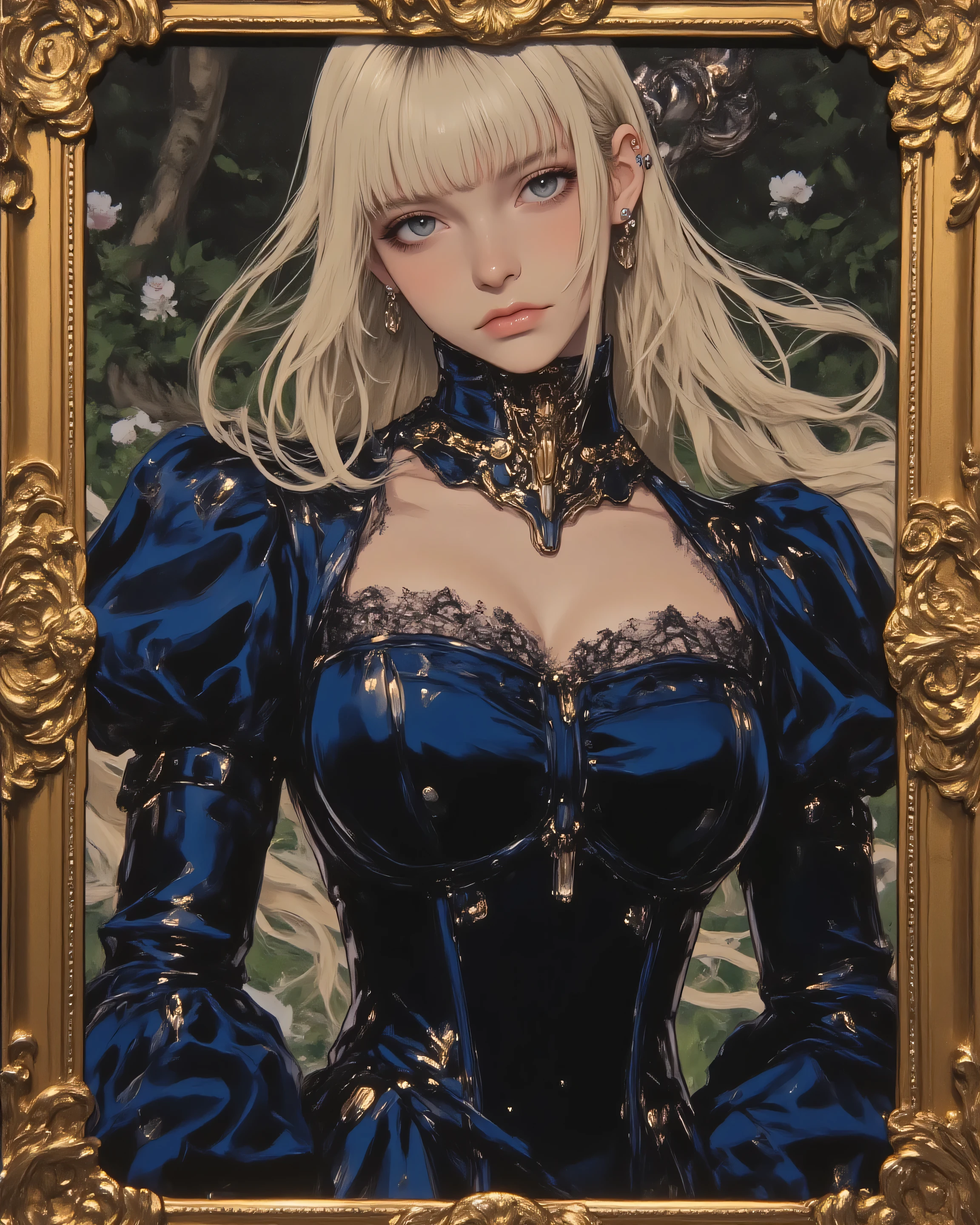 A masterpiece oil painting portrait of Violet Evergarden from the anime, rendered in the opulent style of Renaissance masters like Leonardo da Vinci and Titian, with intricate golden filigree borders and velvet-like textures. Violet is centered in a dramatic chiaroscuro composition, her piercing blue eyes gazing intently at the viewer with stoic intensity, golden blonde hair cascading in soft waves adorned with subtle pearl accents, wearing an elaborate Victorian-era military-inspired gown in deep sapphire blue with gold embroidery and lace details. Her posture exudes quiet strength and enigmatic grace, porcelain skin glowing under soft golden hour light. The background fades into ethereal misty gardens with subtle floral motifs, evoking profound melancholy and timeless elegance. Ultra-detailed brushstrokes, rich impasto layers, hyper-realistic fabrics and skin tones, cinematic depth of field, masterpiece, 8k resolution --ar 2:3 --v 6 --q 2
